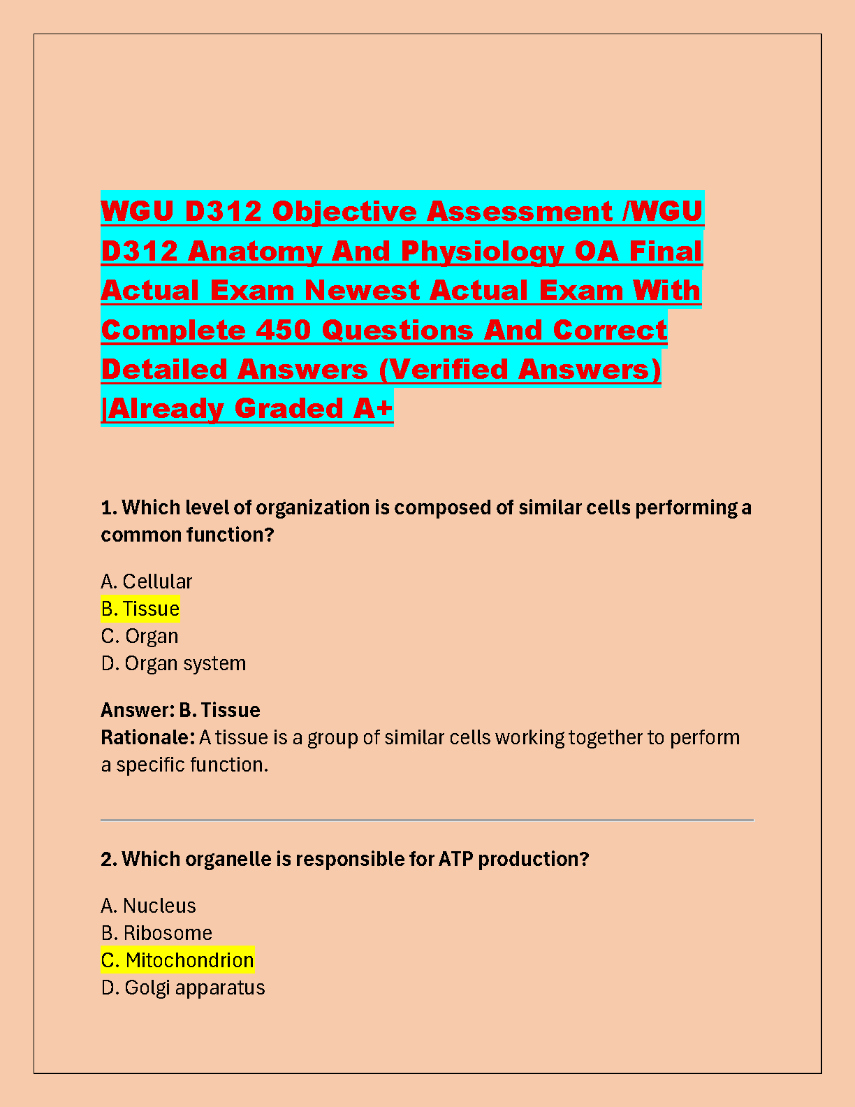 WGU D312 Anatomy Physiology OA Test Bank 2025