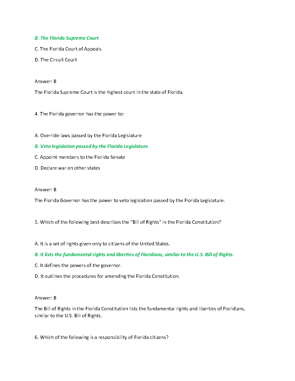 Florida Civics Test 2026/27 Practice Questions & Answers