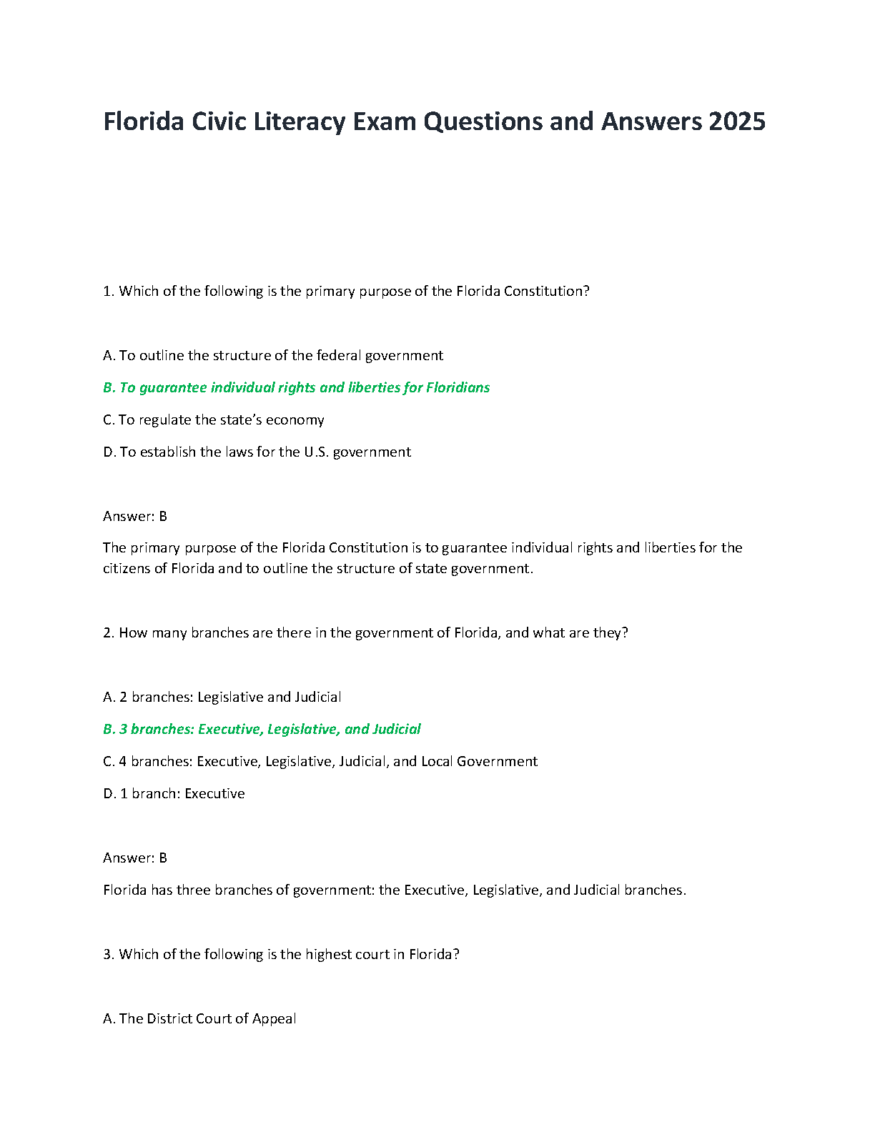 Florida Civics Test 2026/27 Practice Questions & Answers