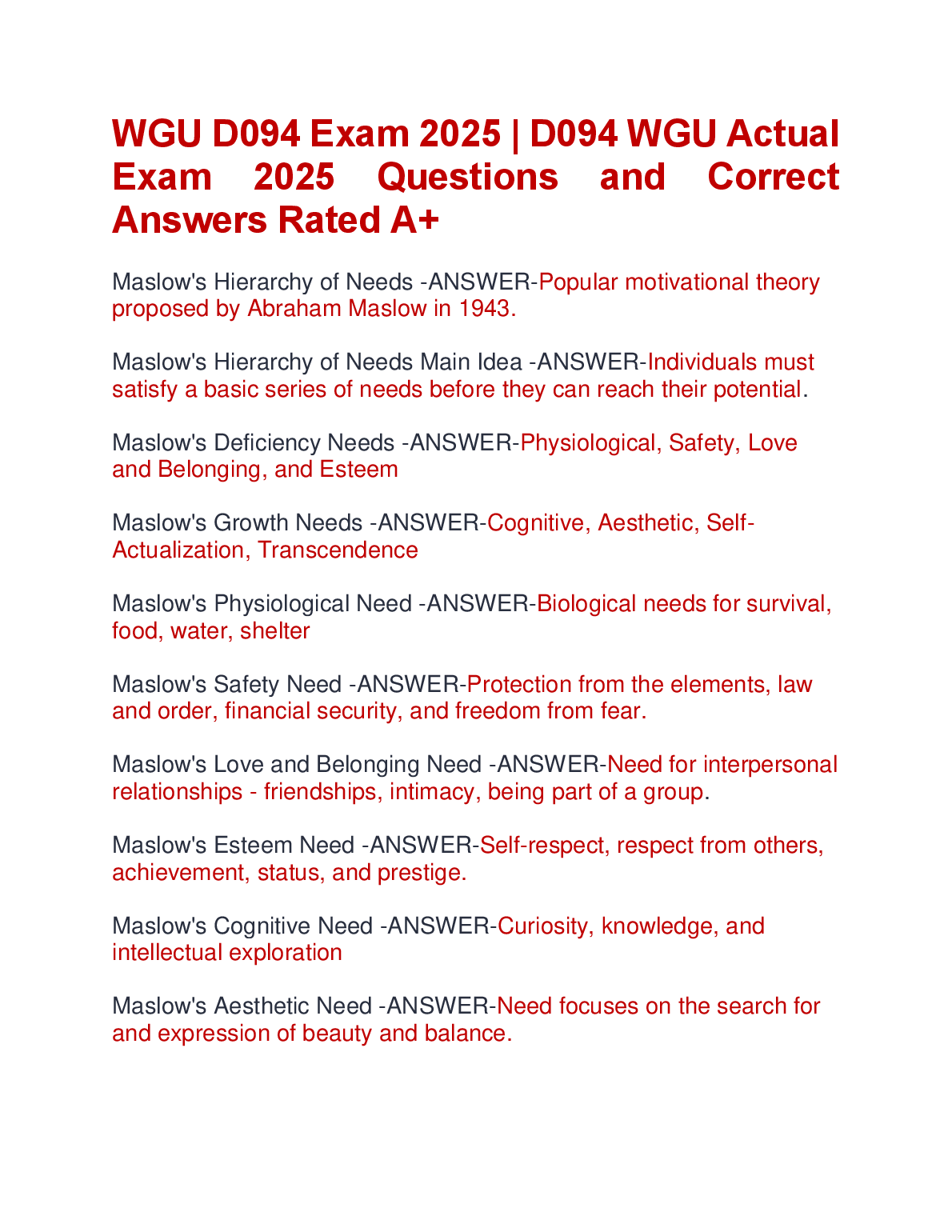 WGU D094 Exam 2025: Maslow's Hierarchy Study Guide