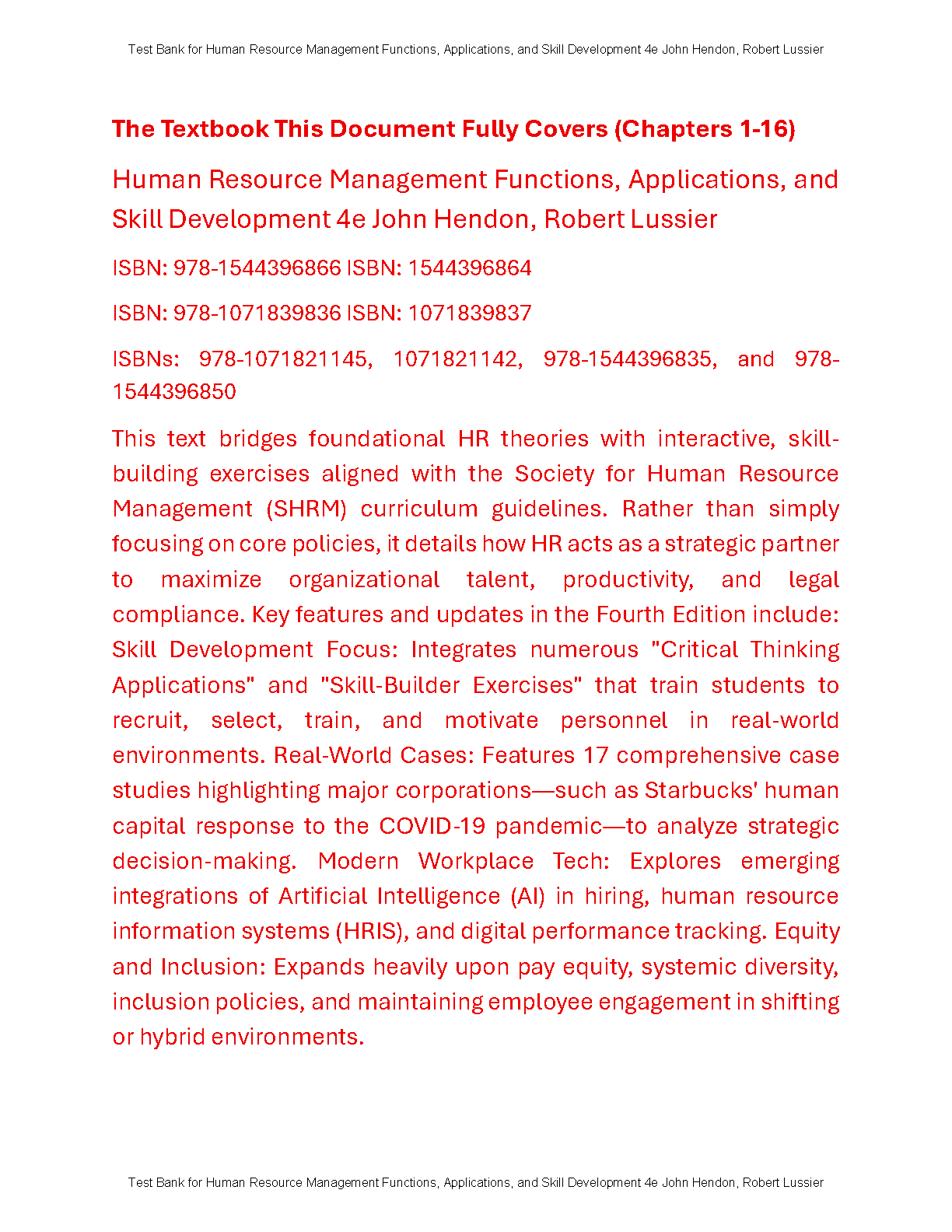HRM Test Bank Hendon Lussier 4th Ed 1599 Questions