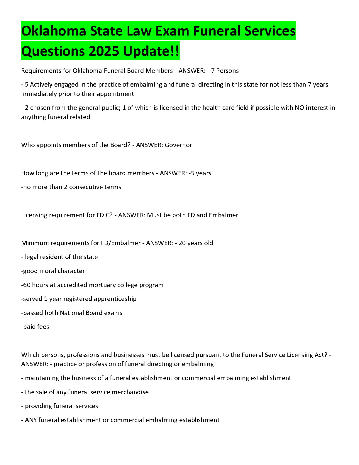 OK Funeral Service Law Exam 2026/27 Questions and Answers