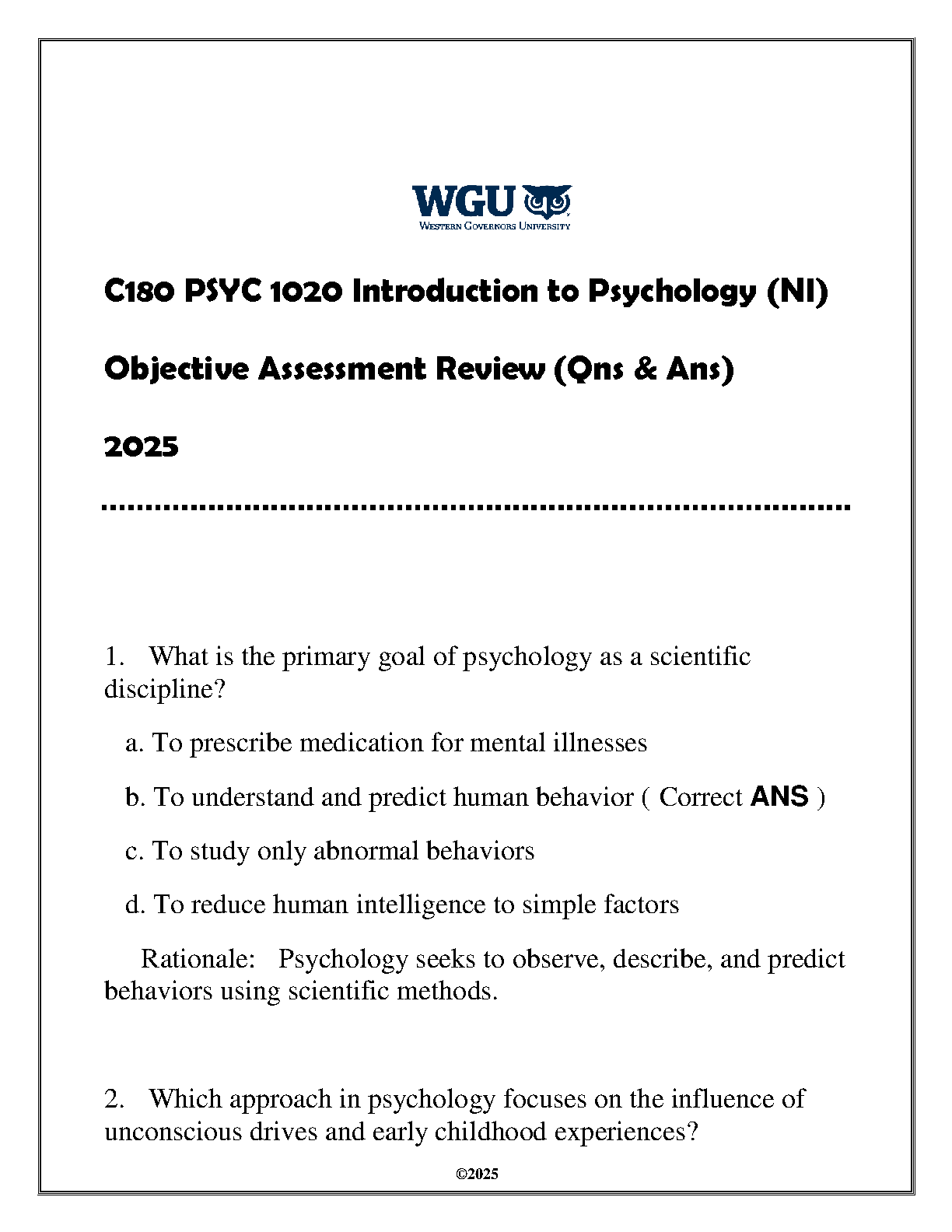 WGU PSYC 1020 Intro Psych Exam Prep and Objectives IMG-1