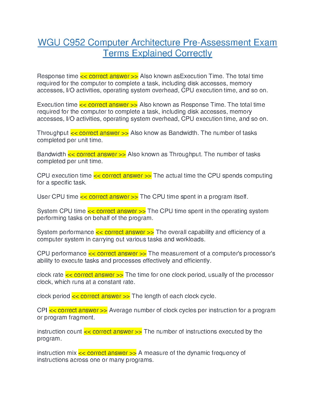 WGU C952 Computer Architecture Pre-Assessment Study Guide