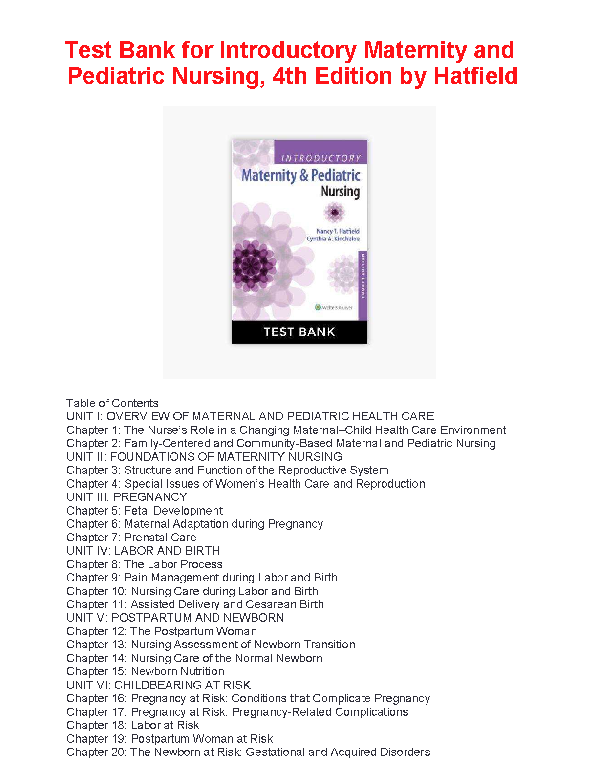 Maternity & Pediatric Nursing Test Bank 4th Ed 2026/27 IMG-1