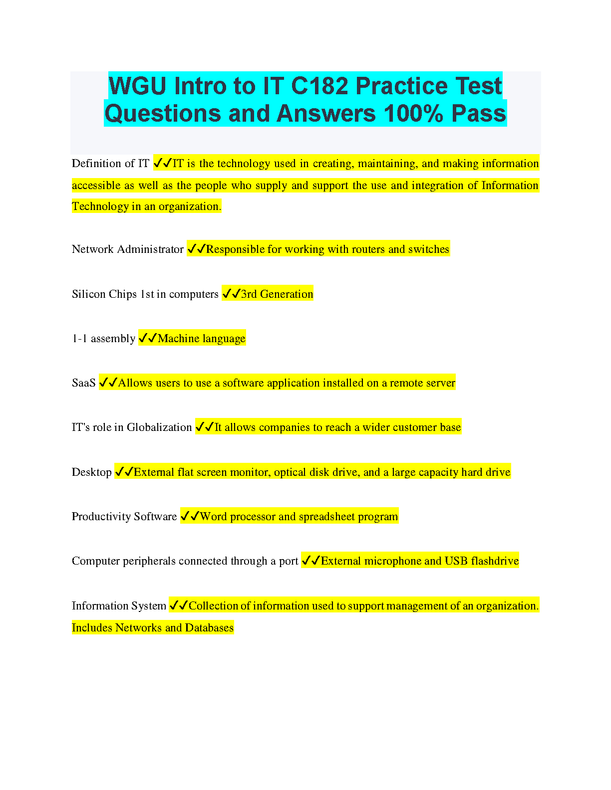 WGU Intro to IT C182 Practice Tests 2024/2025