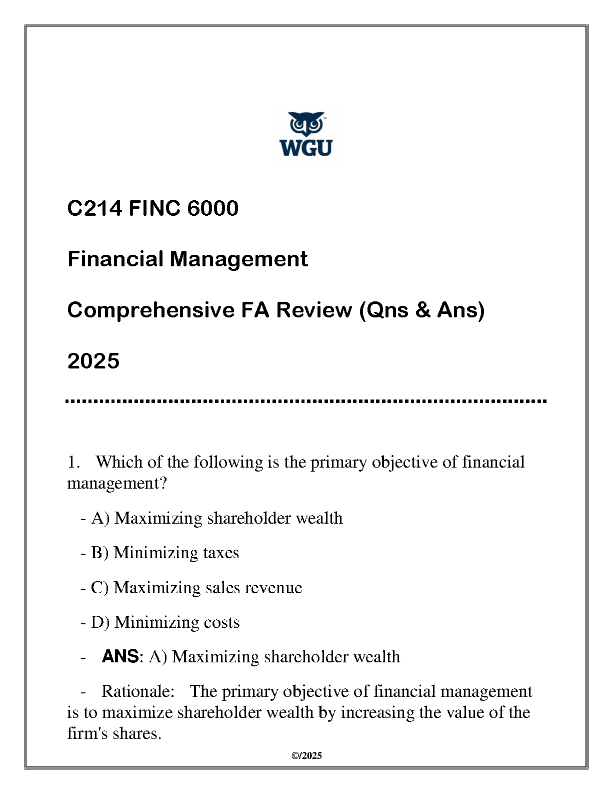 WGU C214 FINC 6000 Financial Mgmt Q&A 2025 Study Guide IMG-1