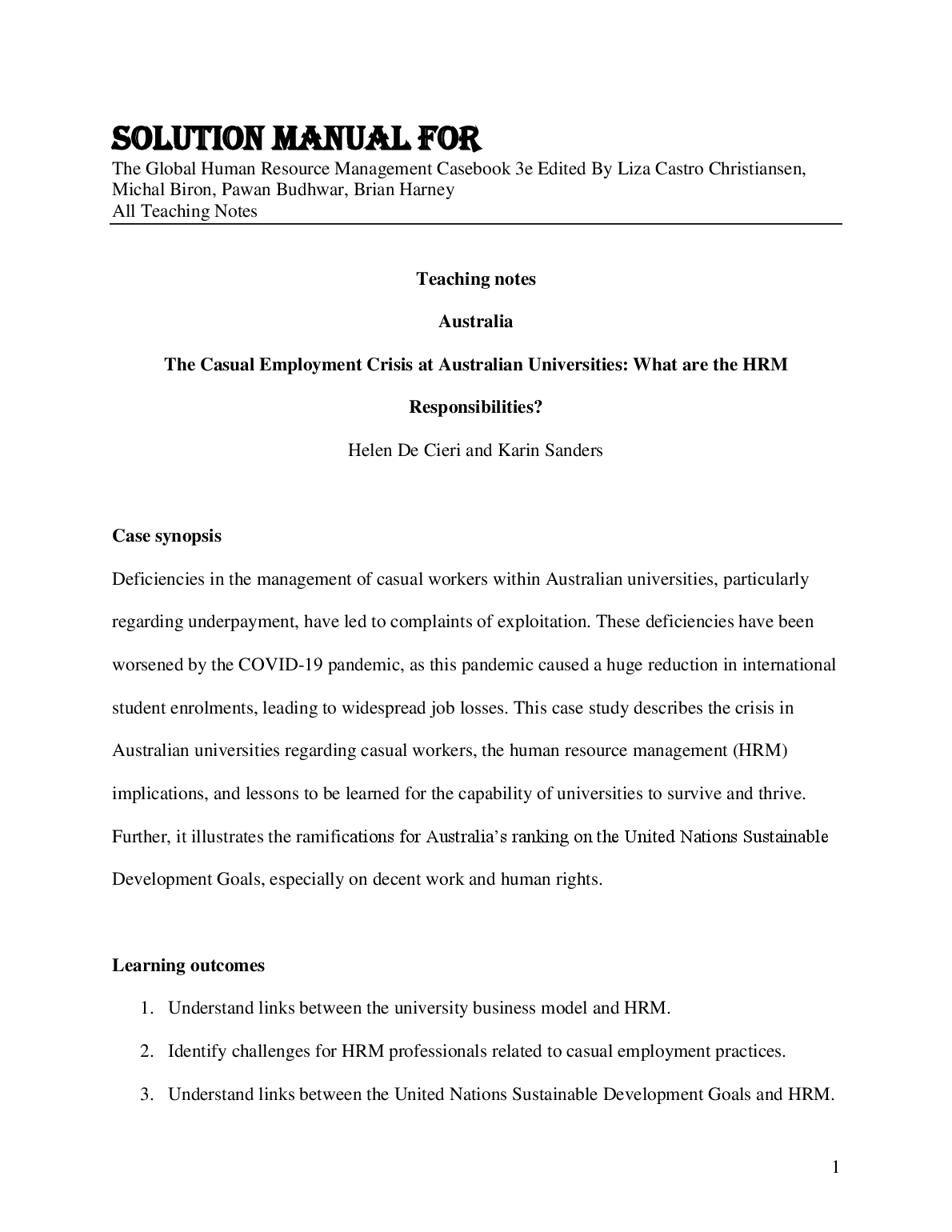 Global HRM Casebook 3rd Edition Solution Manual