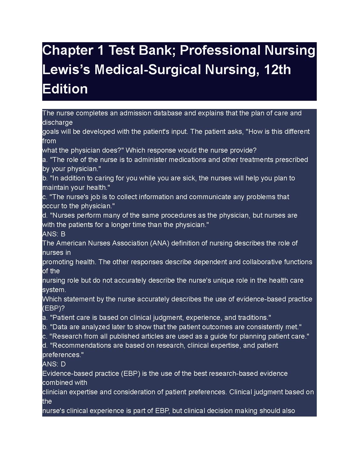 Lewis Med Surg Ch 1 Test Bank: Pro Nursing 2026