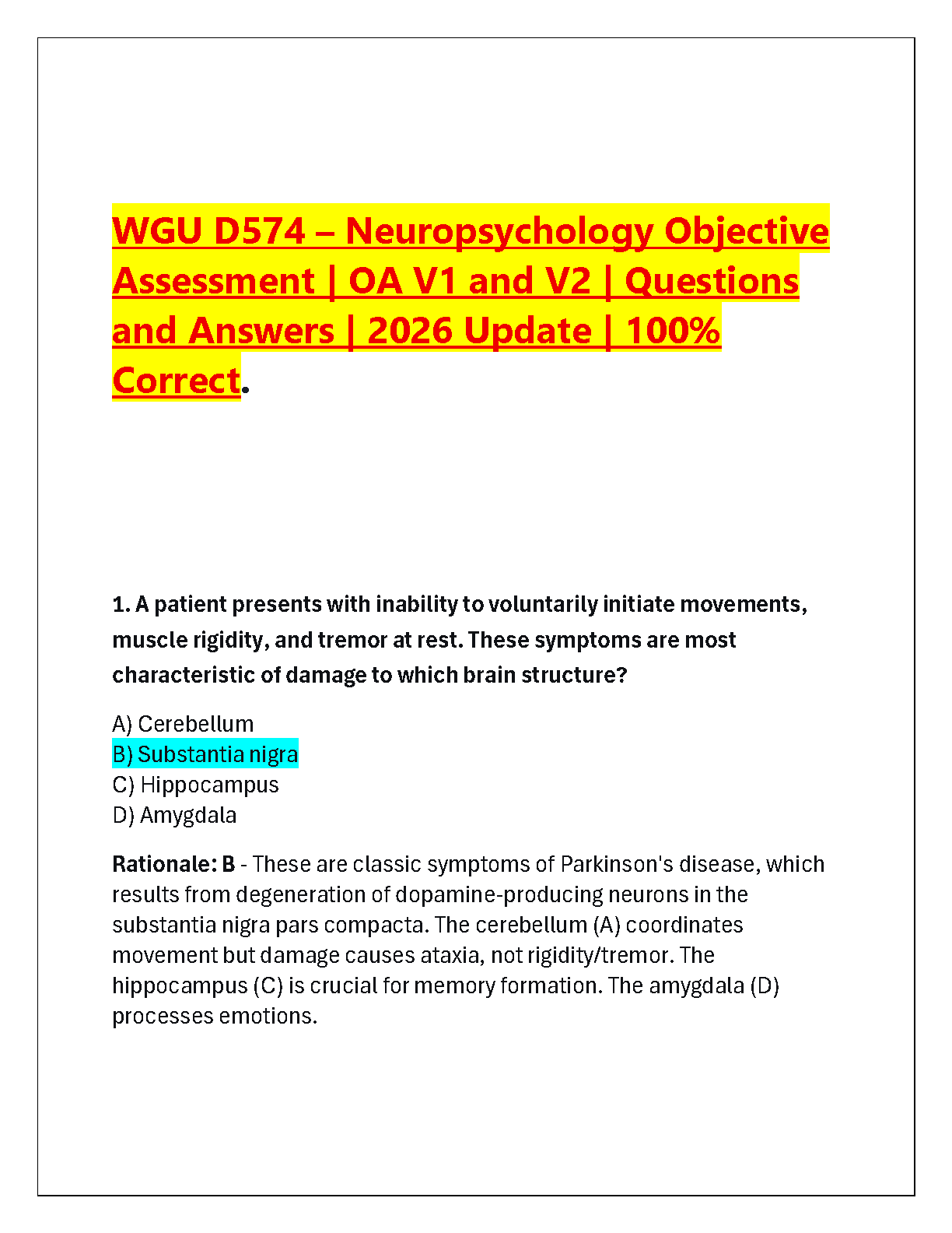 WGU D574 Neuropsychology OA Study Guide V1 V2 IMG-1
