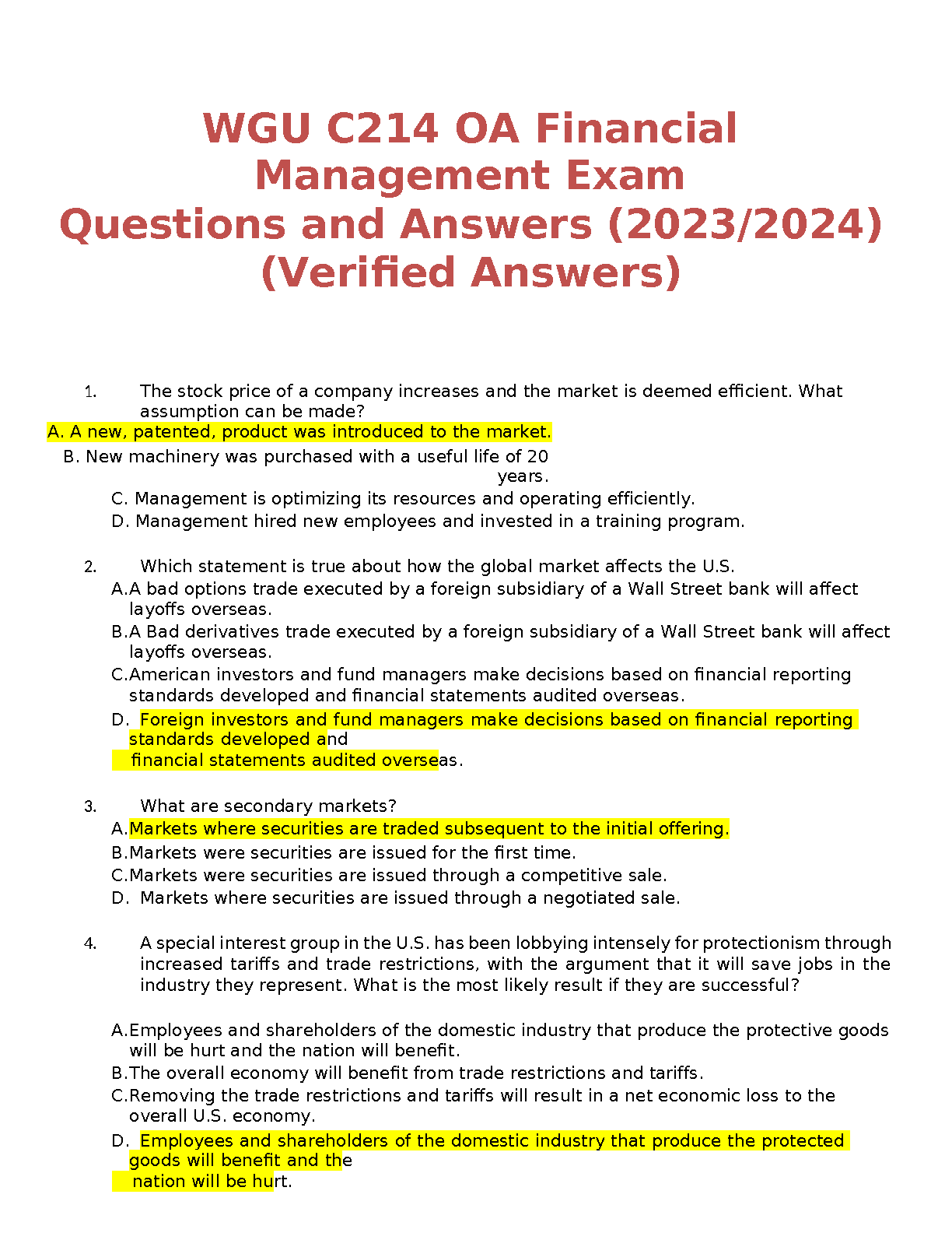 WGU C214 OA Financial Management Exam Qs and As 2023/2024 IMG-1