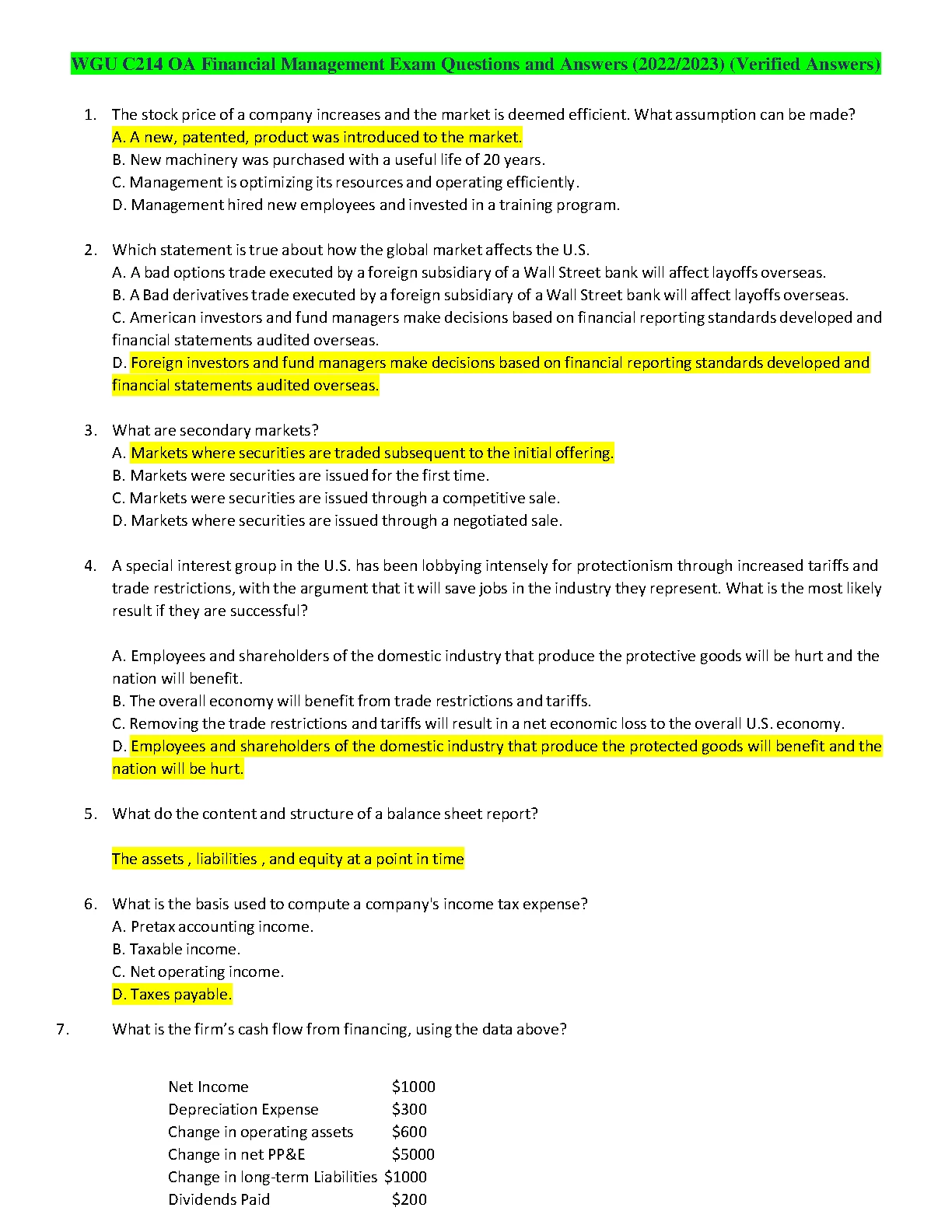 WGU C214 Financial Management Exam Q&A 2022-2023