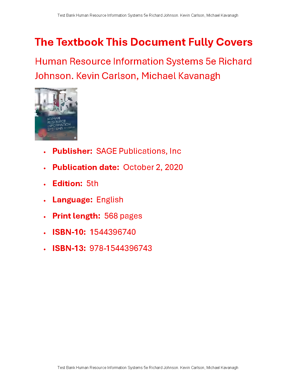 HRIS 5e Test Bank Johnson Carlson Kavanagh Verified