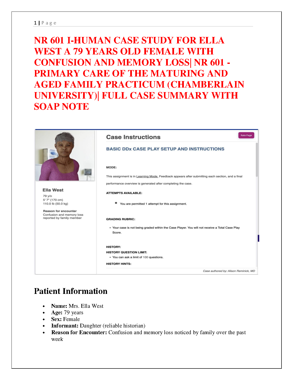 NR 601 Ella West Case Study SOAP Note Solution