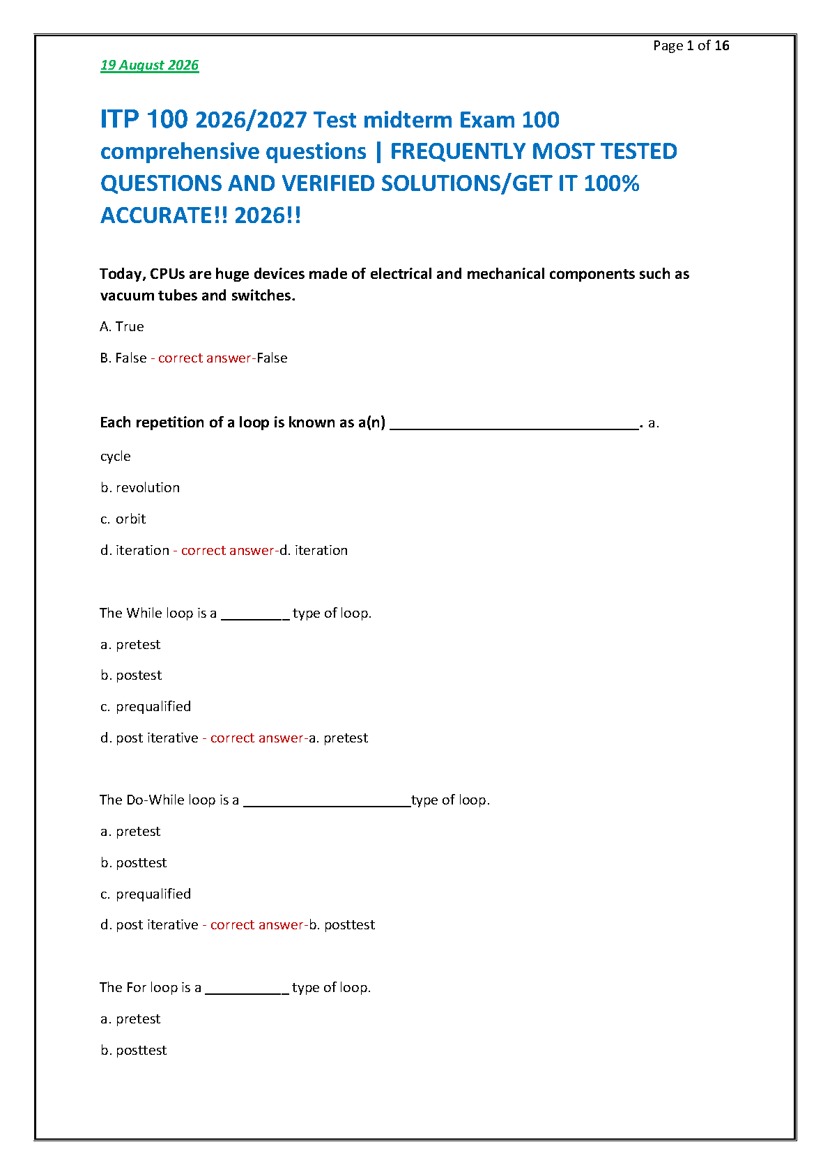 ITP 100 Computing Midterm Test Bank 2026-27