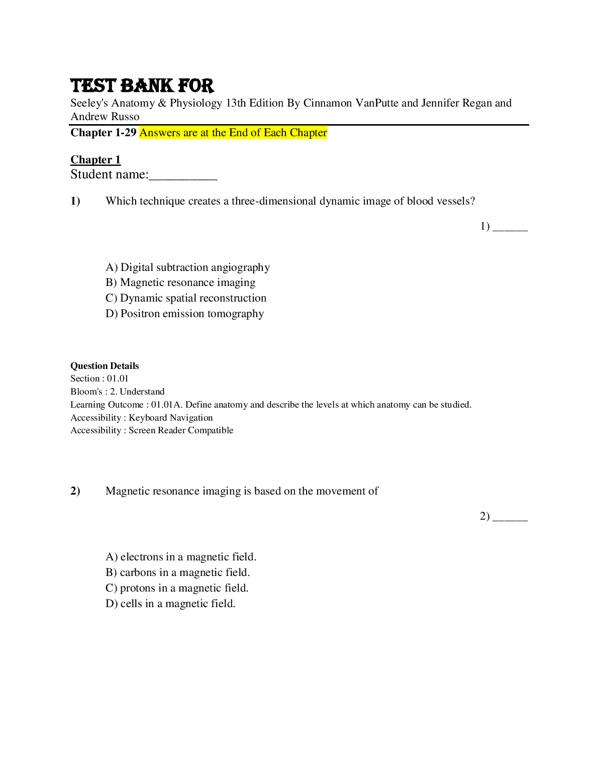 Anatomy Physio Test Bank 13th Ed 2026/27 Practice Questions