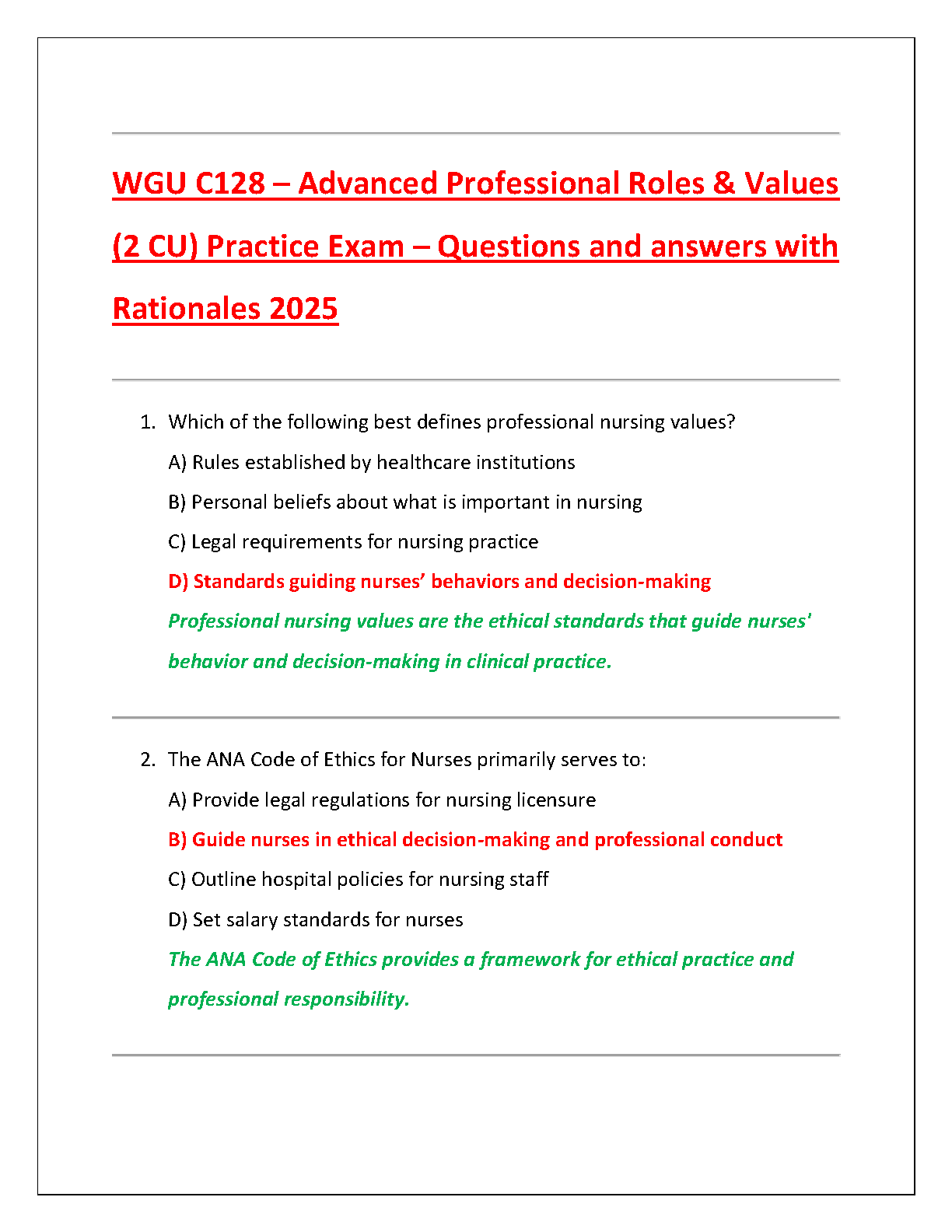 WGU C128 Advanced Professional Roles & Values Practice Exam 2025
