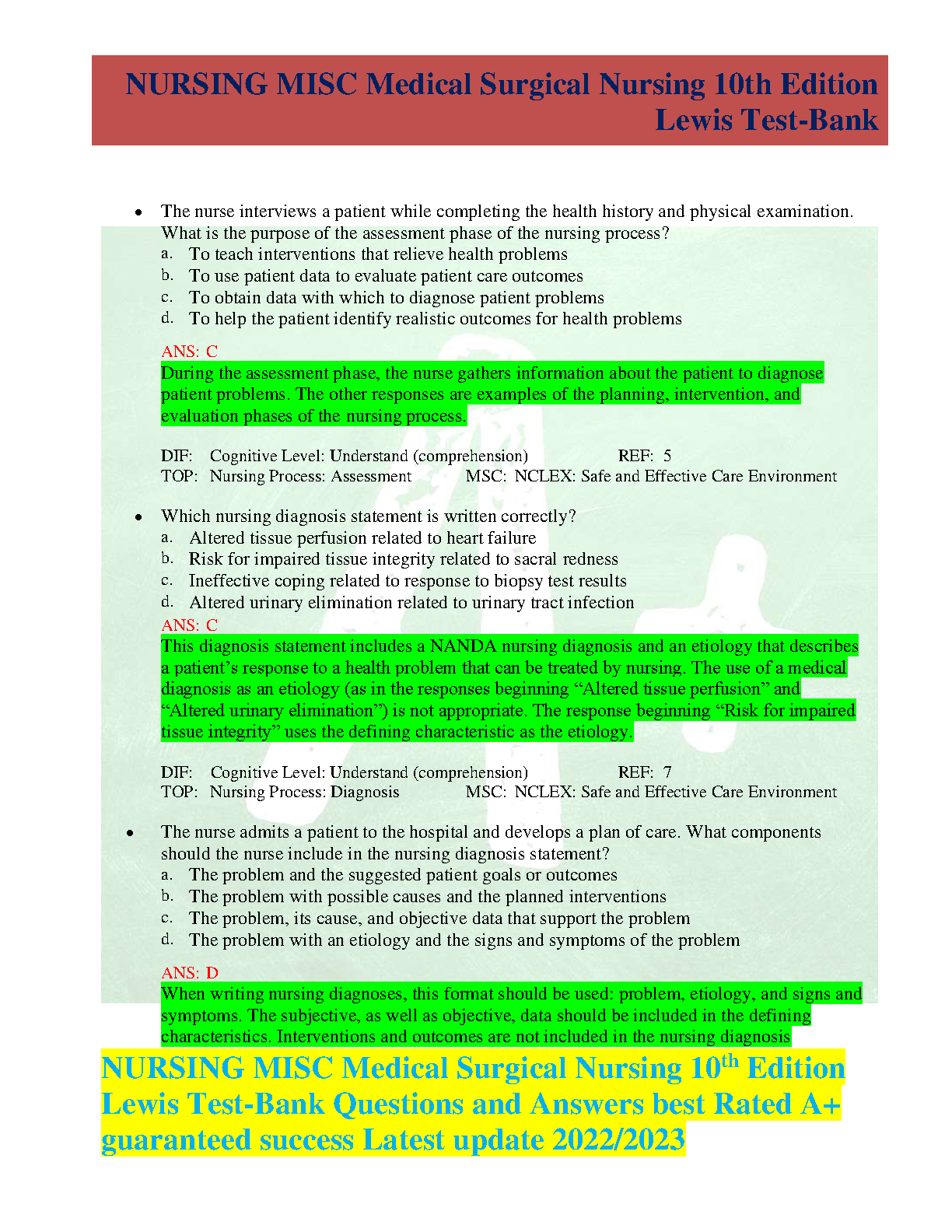 Lewis Med Surg Nursing Test Bank 10th Ed 2026