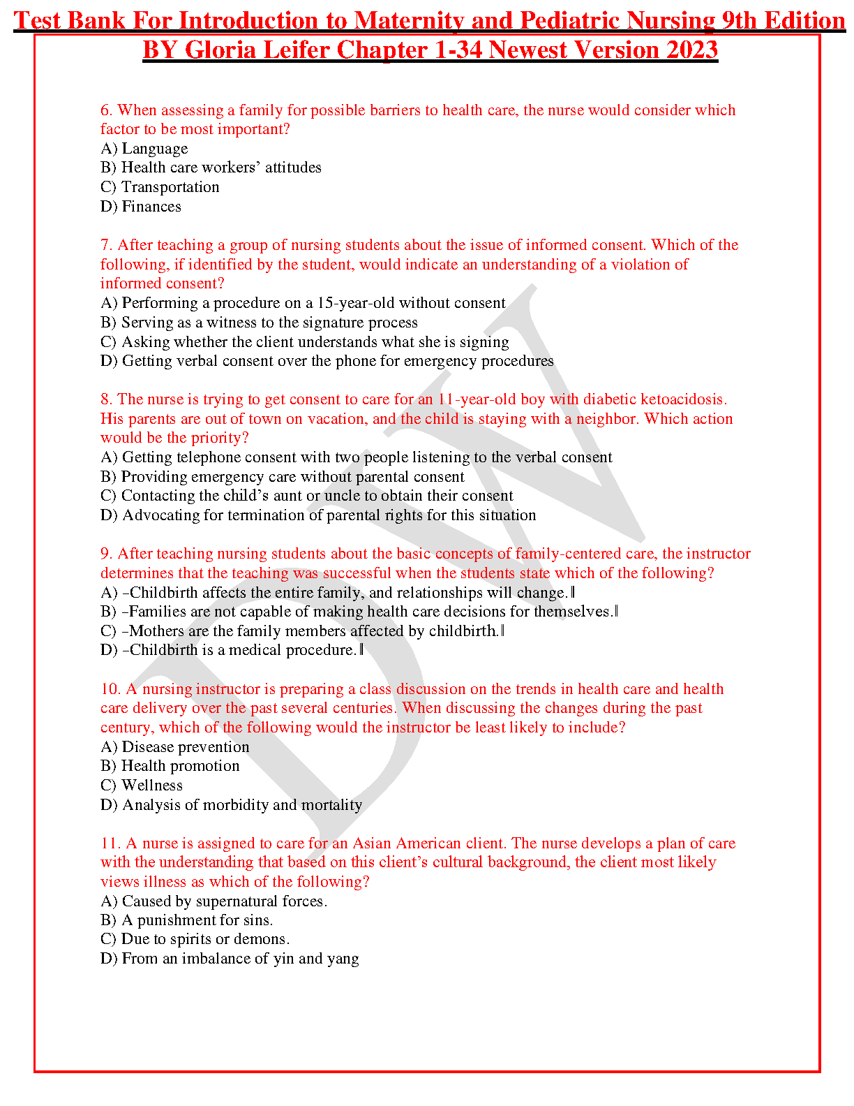 Maternity & Pediatric Nursing Test Bank 9th Ed