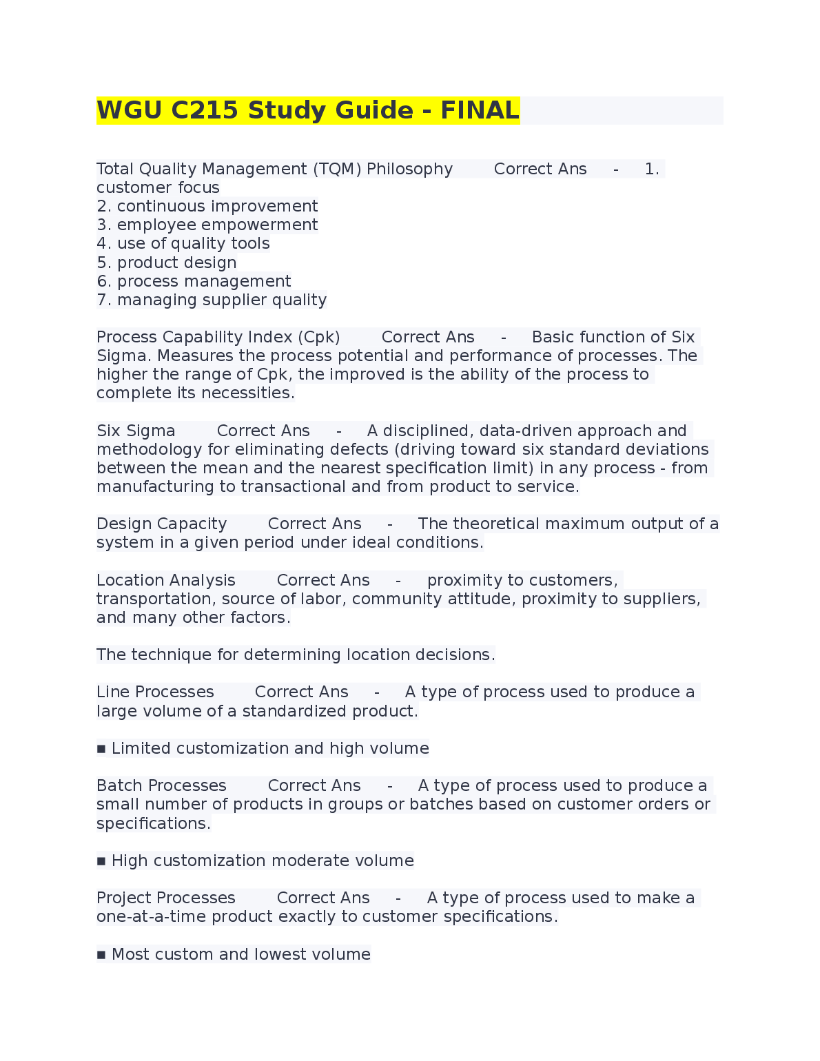 WGU C215 Operations Management Study Guide 2024/2025
