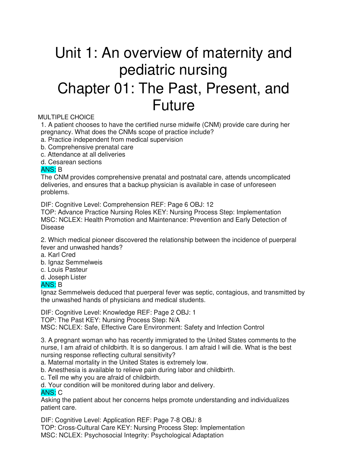 Maternity Pediatric Nursing Test Bank 2026/27 Leifer IMG-1