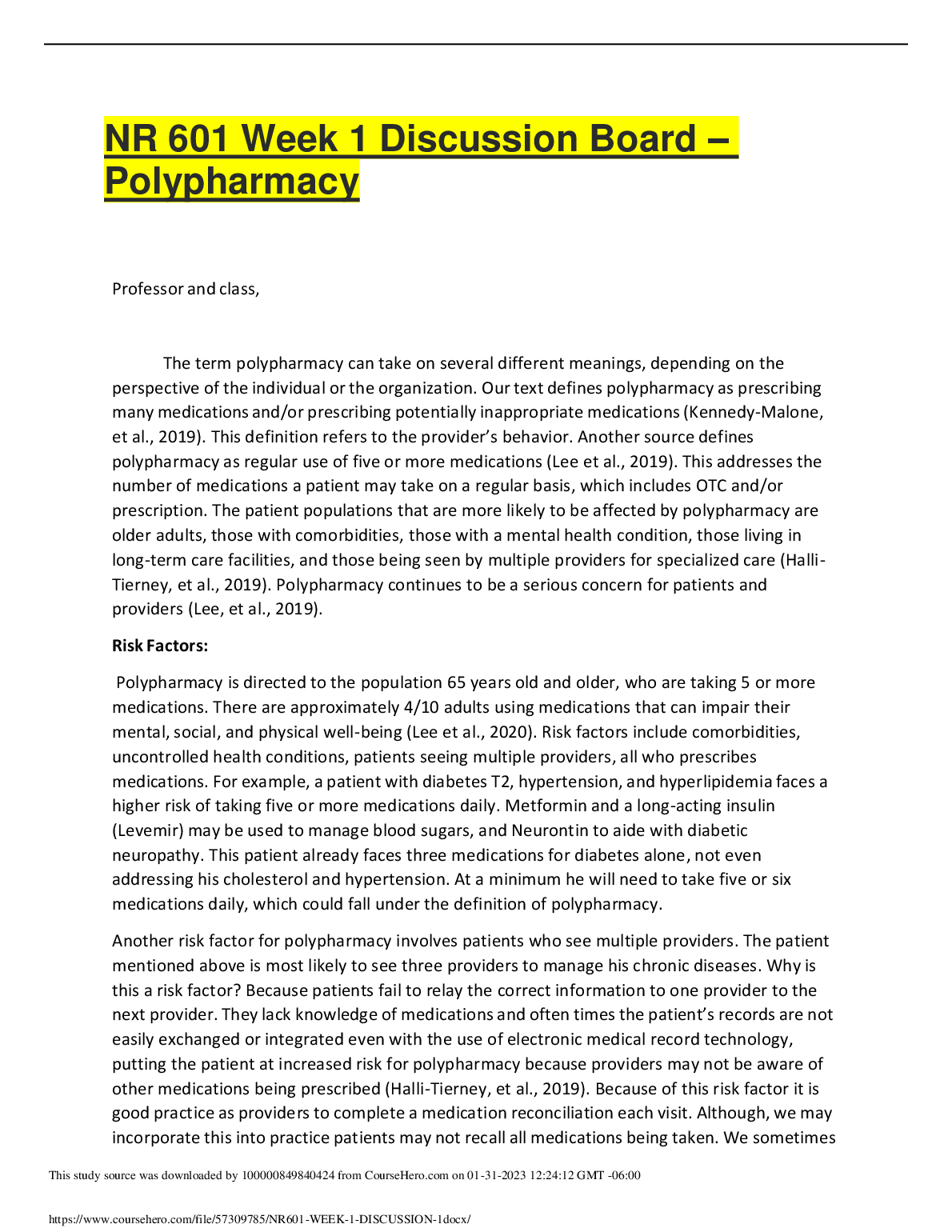 NR 601 Week 1 Polypharmacy Discussion Solutions