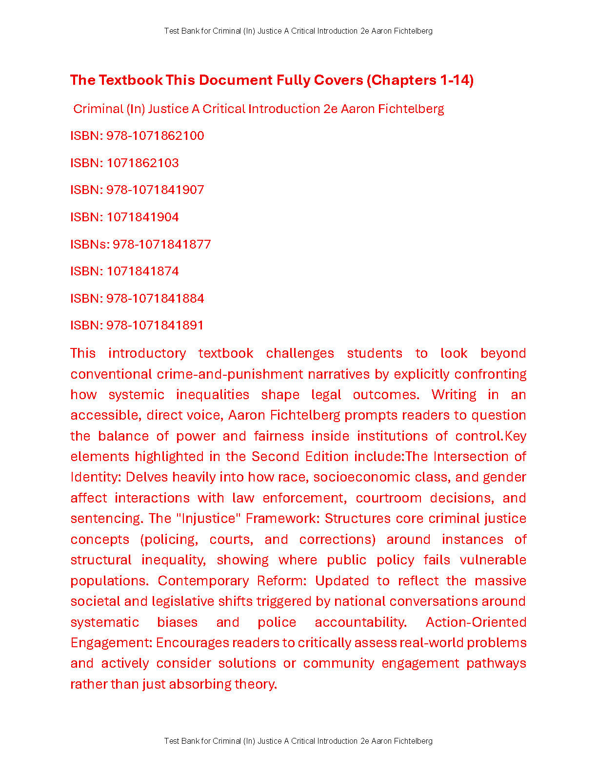 Criminal Injustice Test Bank Chapter 1-14 Fichtelberg