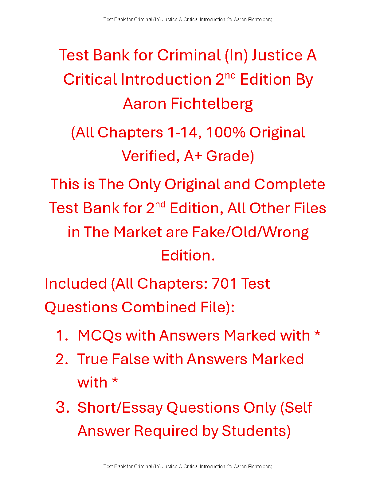 Criminal Injustice Test Bank Chapter 1-14 Fichtelberg