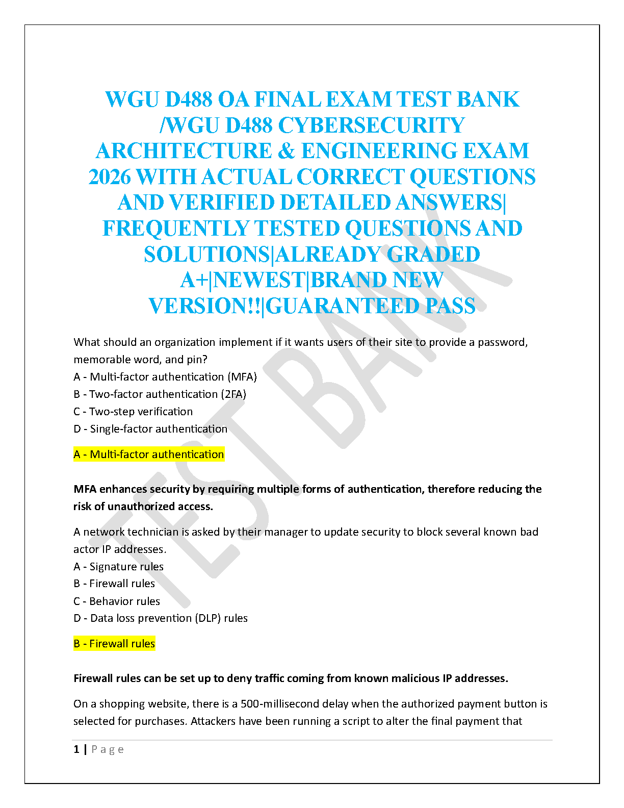 WGU D488 Cybersecurity Test Bank 2026/27 Verified Answers