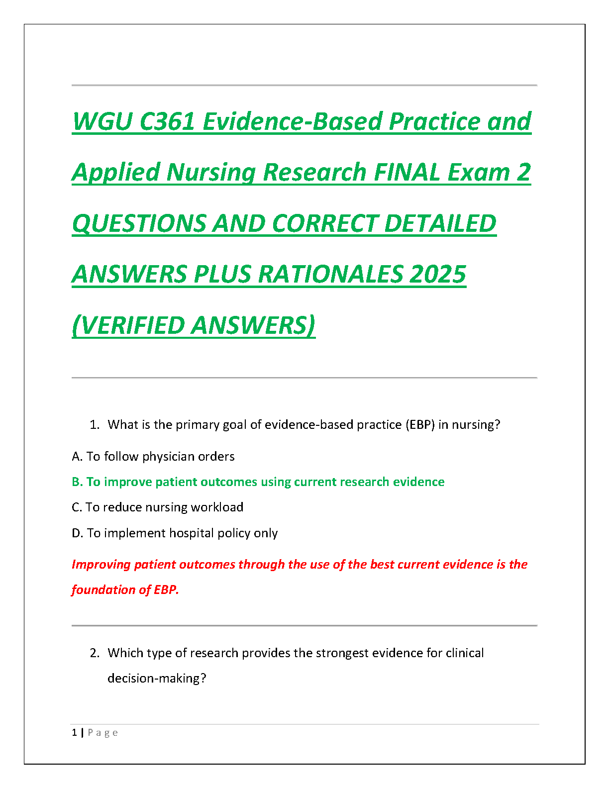 WGU C361 EBP & Nursing Research Final Exam Test Bank 2025 IMG-1