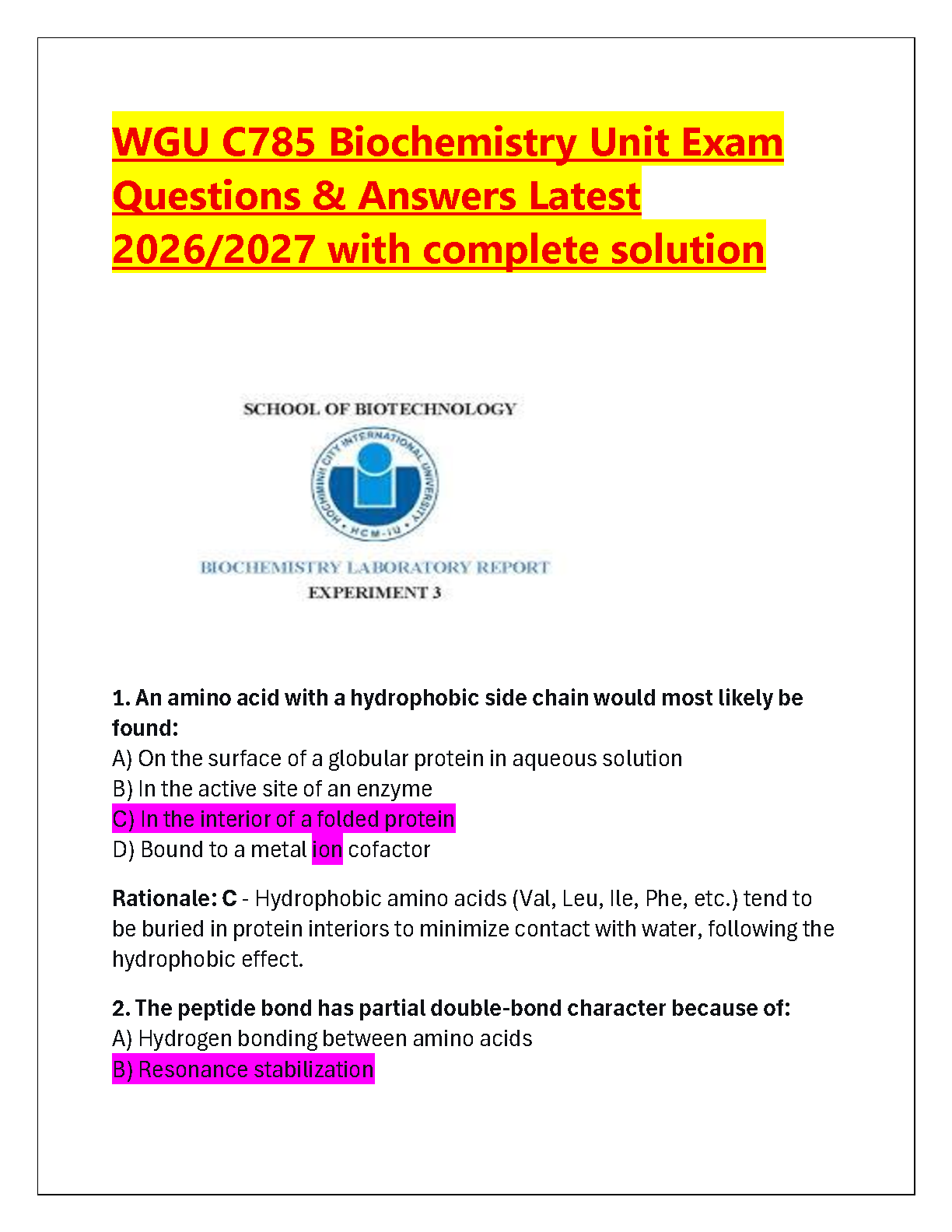 WGU C785 Biochemistry Test Bank 2025 - Practice Qs