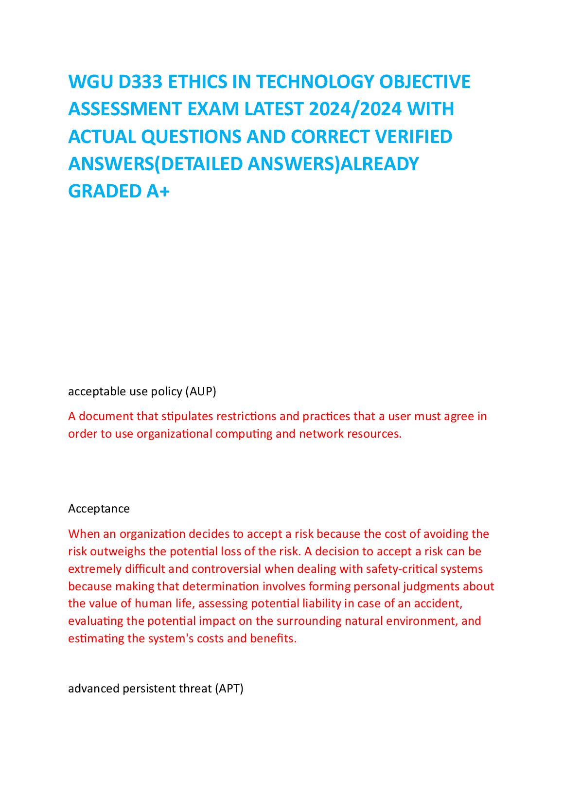 WGU D333 Ethics in Technology Exam Questions & Answers 2024