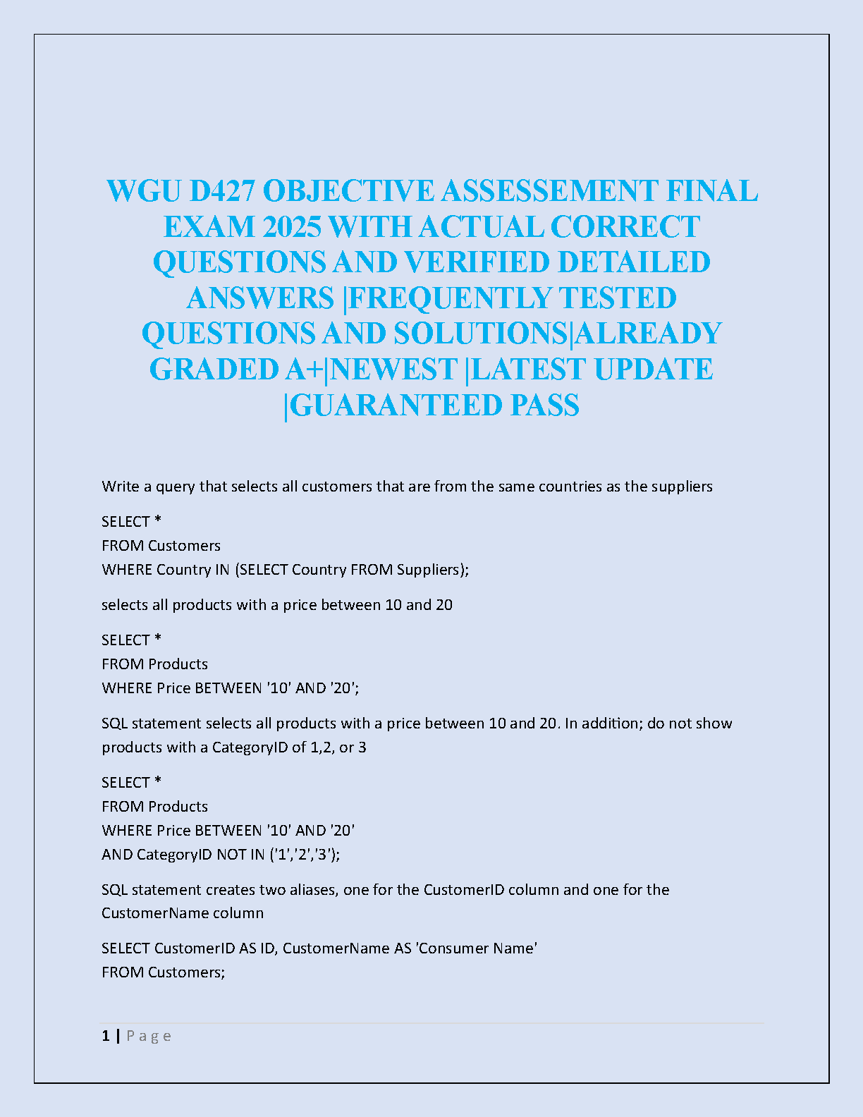 WGU D427 Final Exam 2025 Actual Questions & Answers