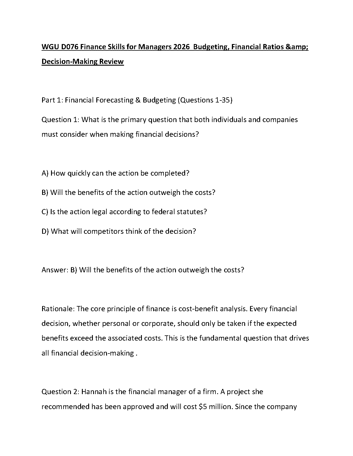 WGU D076 Finance Manager Study Guide 2026 Budgeting & Ratios IMG-1