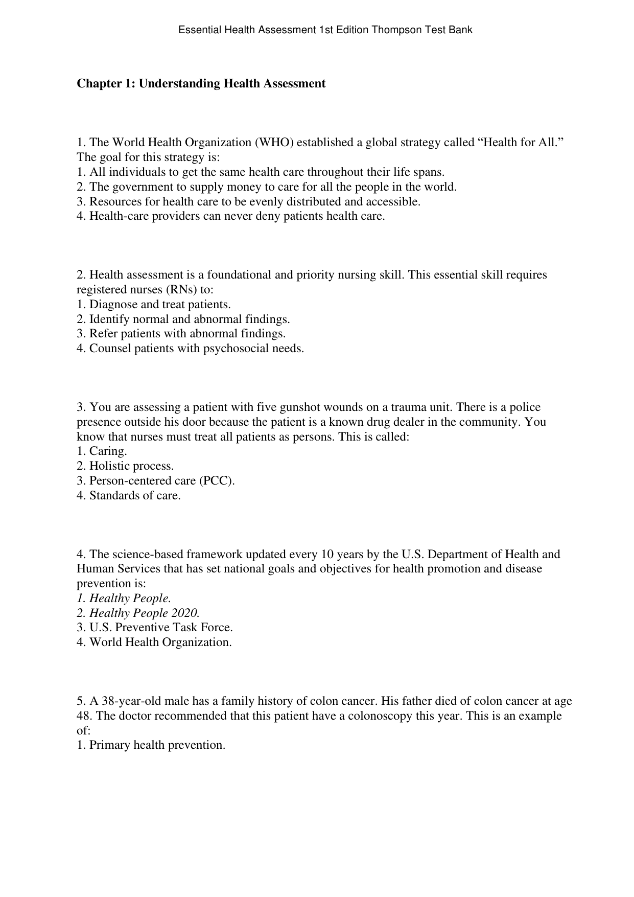 Essential Health Assessment 1st Edition TEST BANK