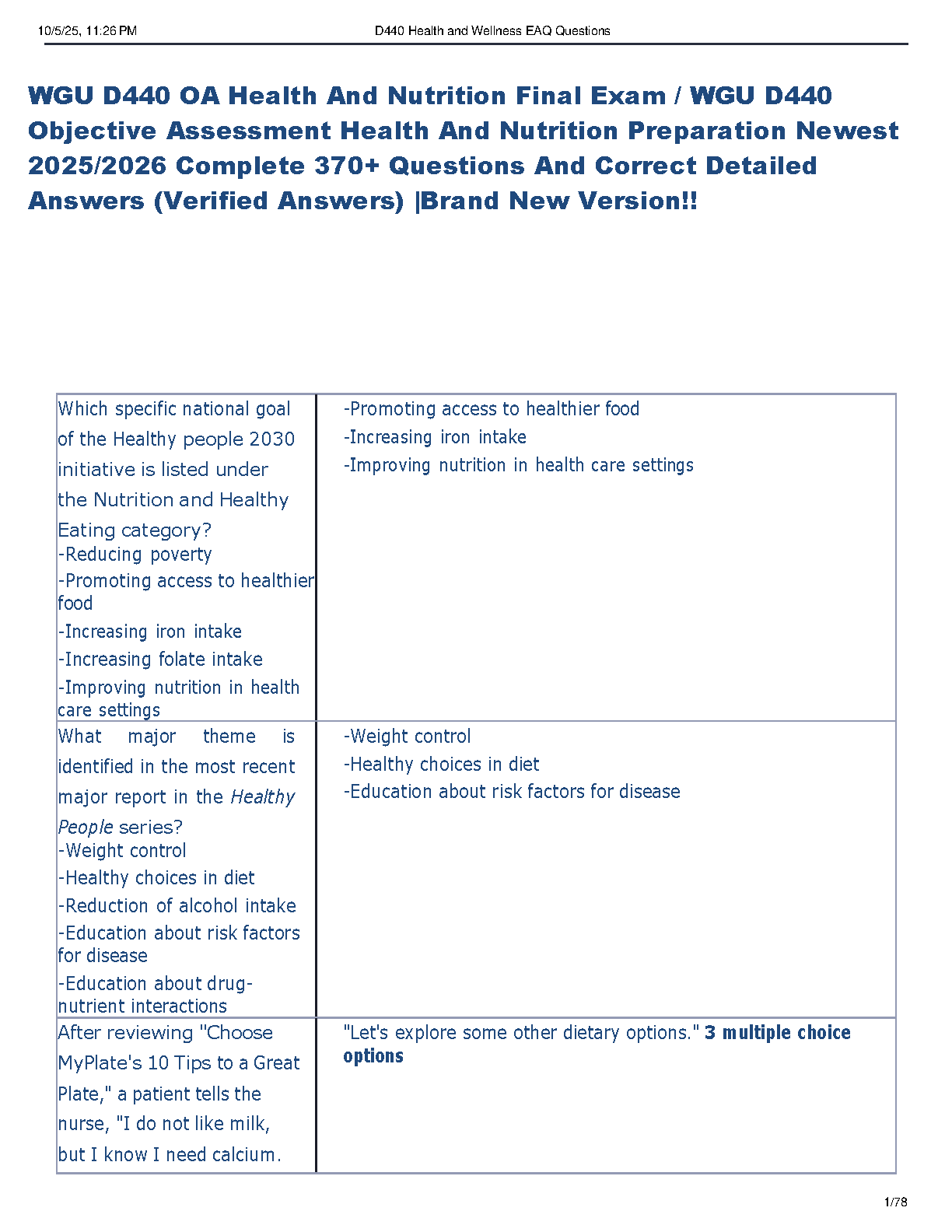 WGU D440 Health and Nutrition Final Exam Test Bank 2025