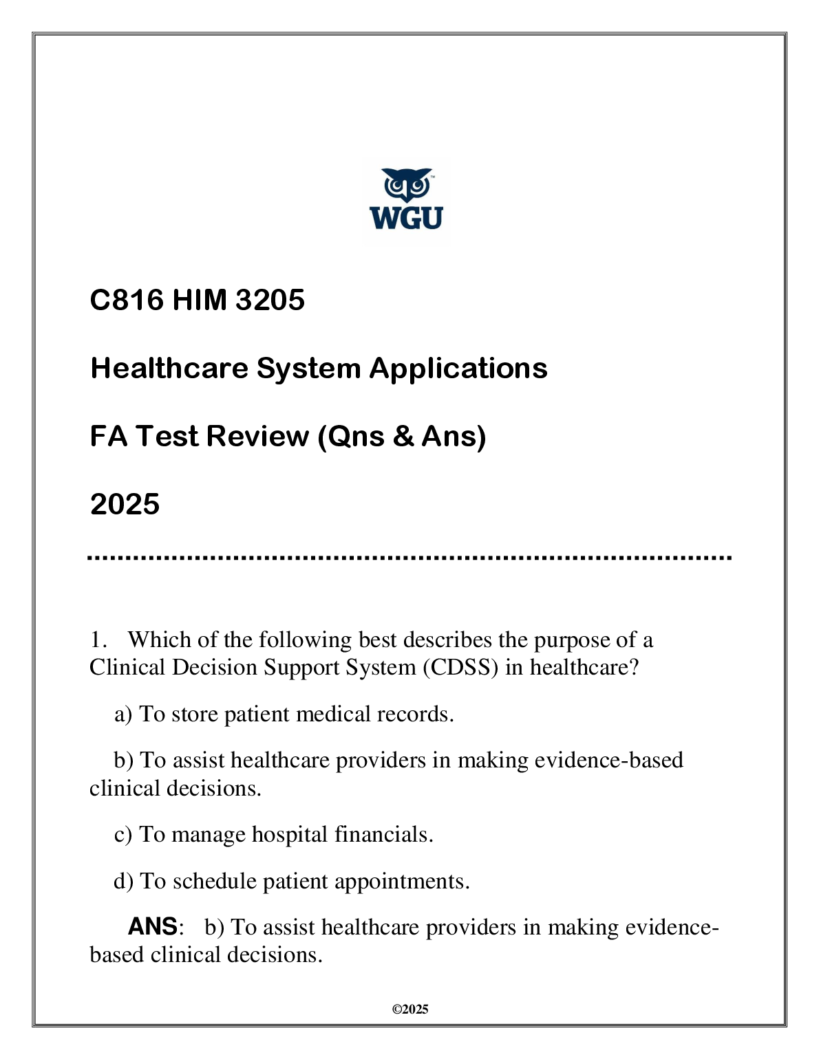 WGU HIM 3205 Healthcare System Apps Test Bank