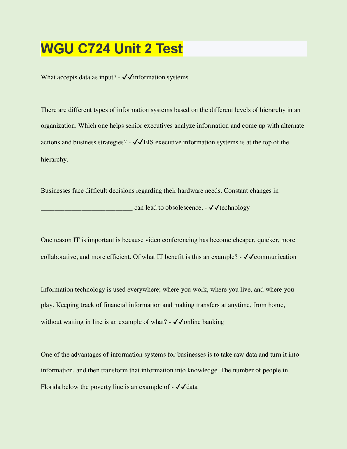WGU C724 Unit 2 Test Study Guide and Practice Questions