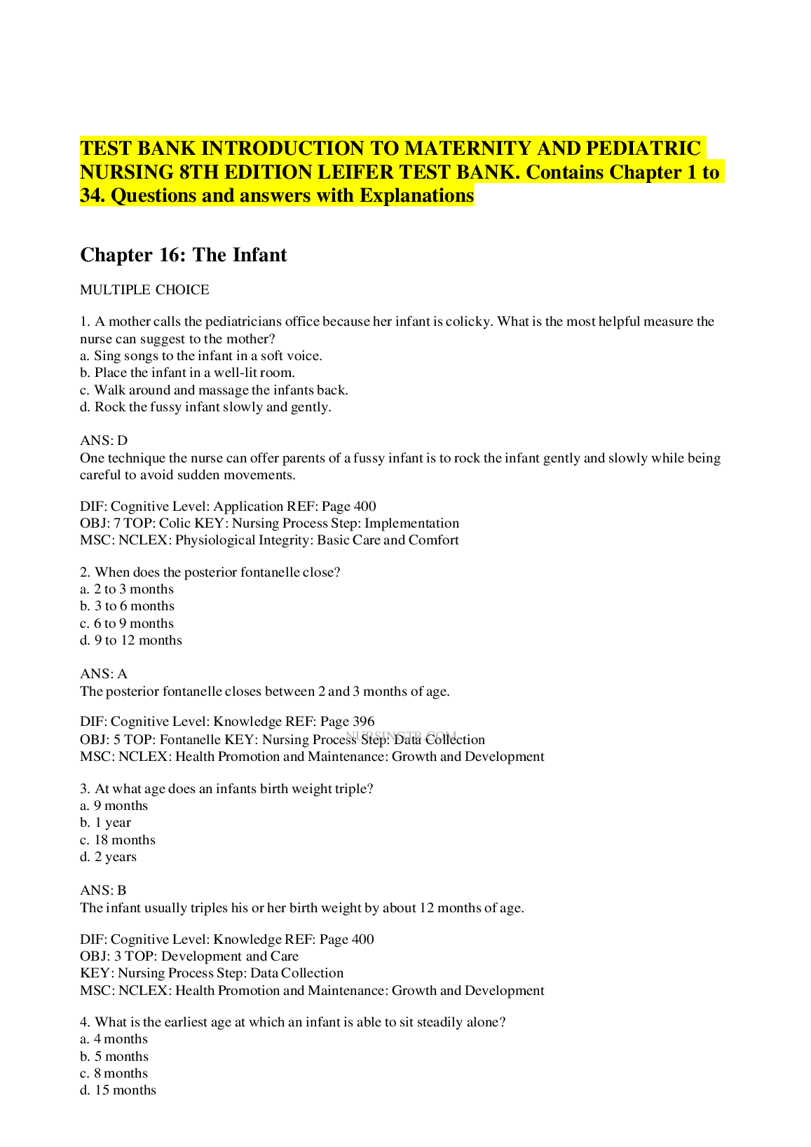 Leifer Maternity & Pediatrics Test Bank Ch 1-34 (2026/27)