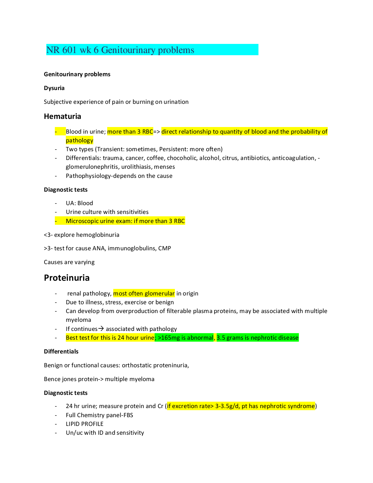 NR601 Week 6 Genitourinary Problems Study Guide