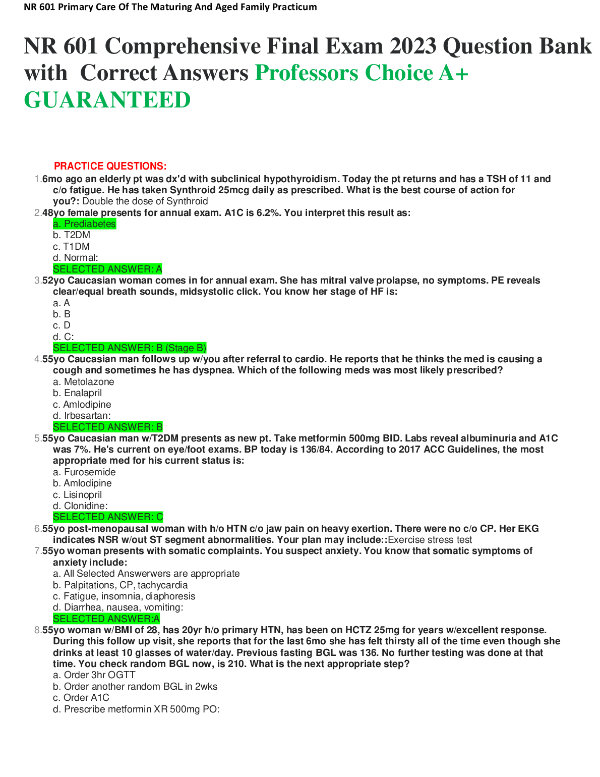 NR 601 Nursing Final Exam Question Bank 2023
