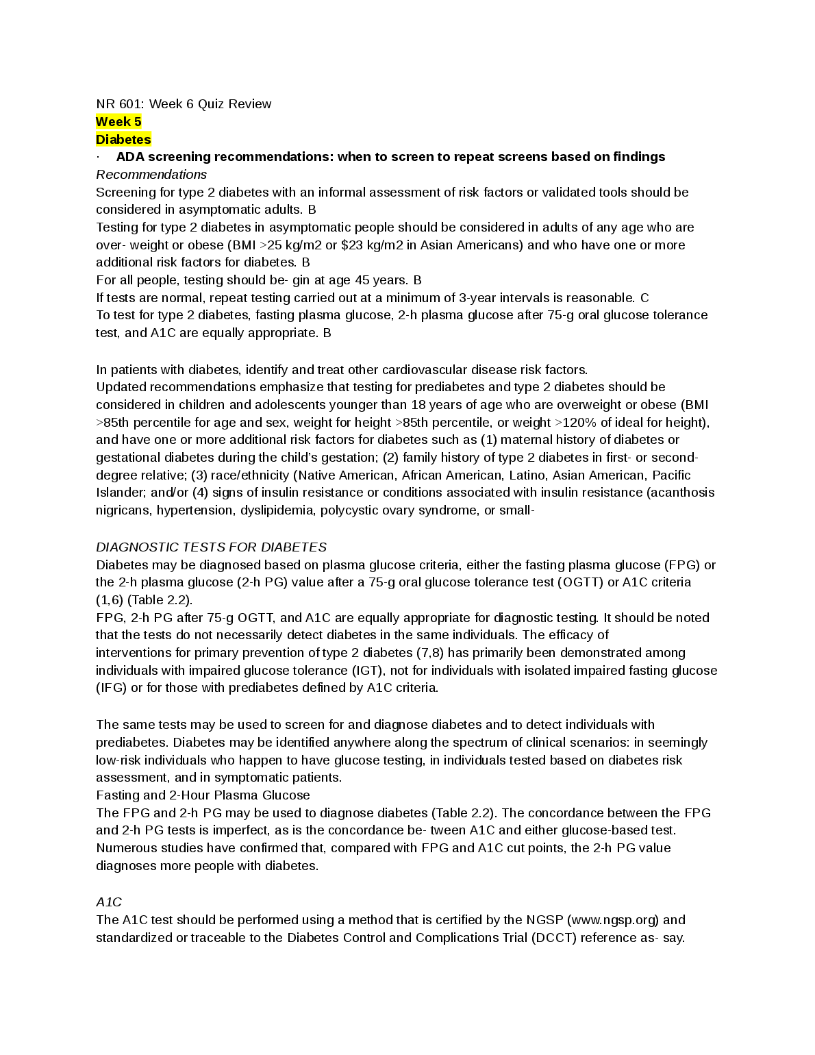NR 601 Week 6 Diabetes Quiz Review and Study Guide
