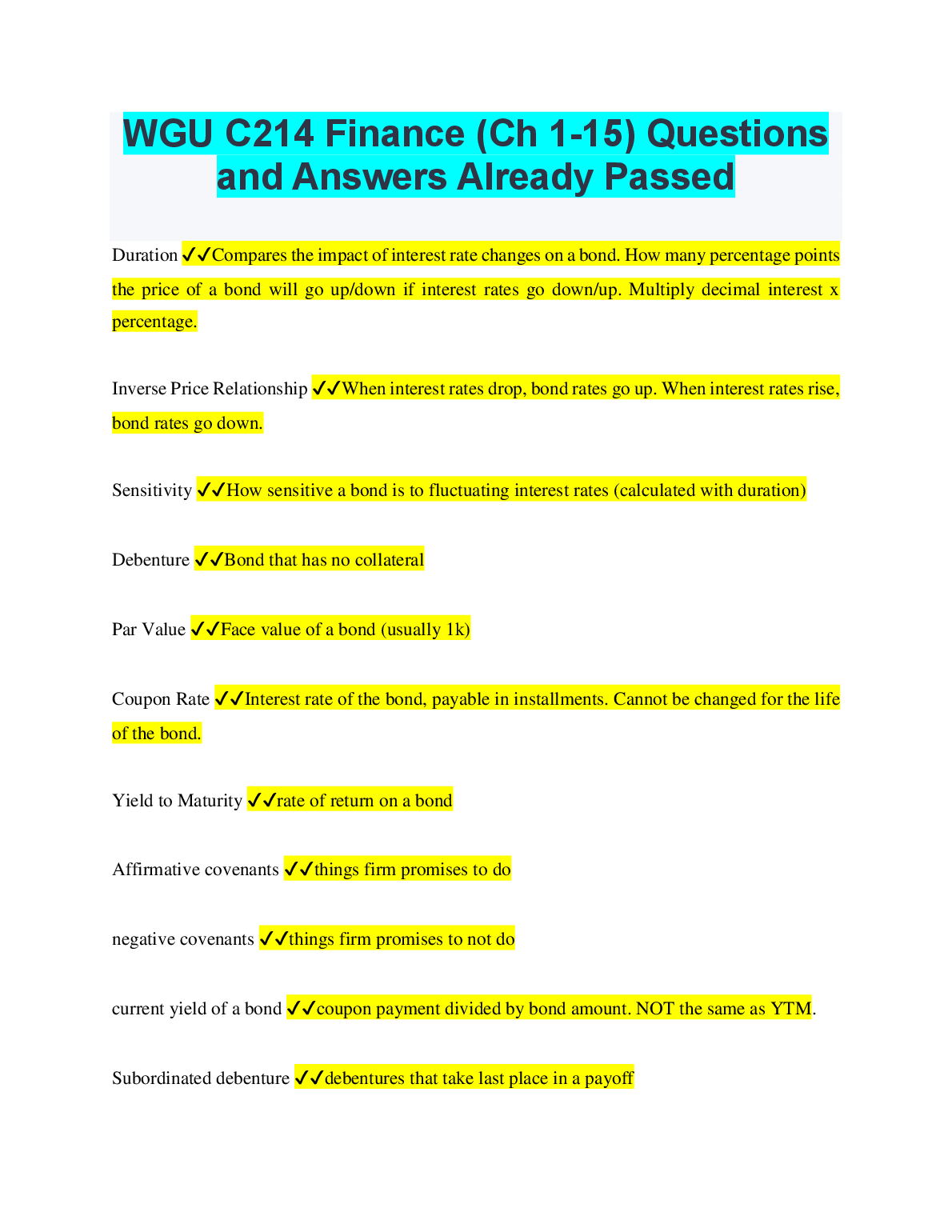 WGU C214 Finance Questions & Answers Ch 1-15 | Test Bank