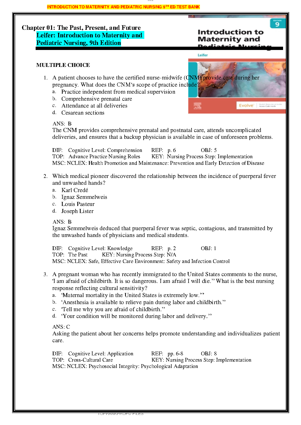 Maternity and Pediatric Nursing 9e Test Bank 2026/27