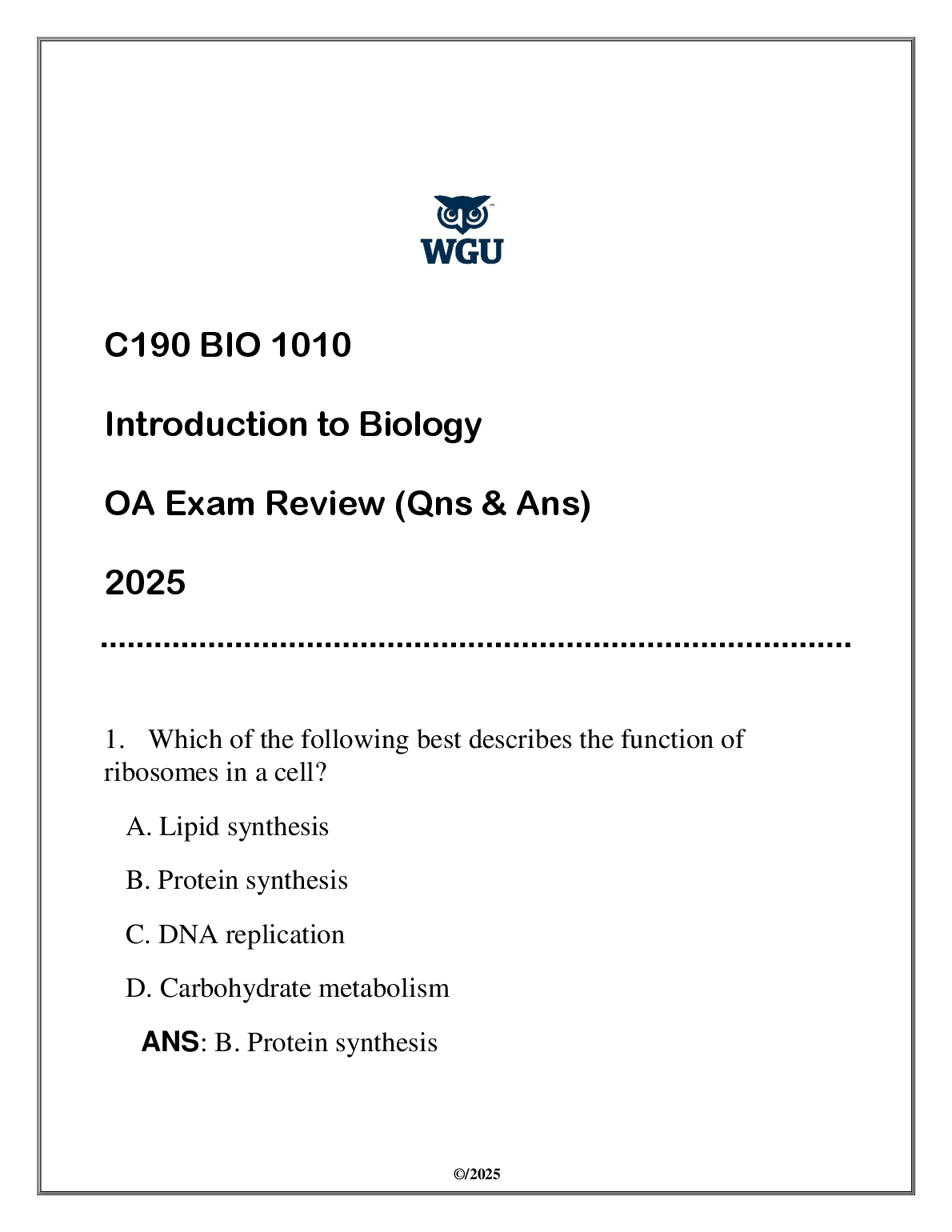 WGU C190 Bio 1010 Exam Review Questions and Answers