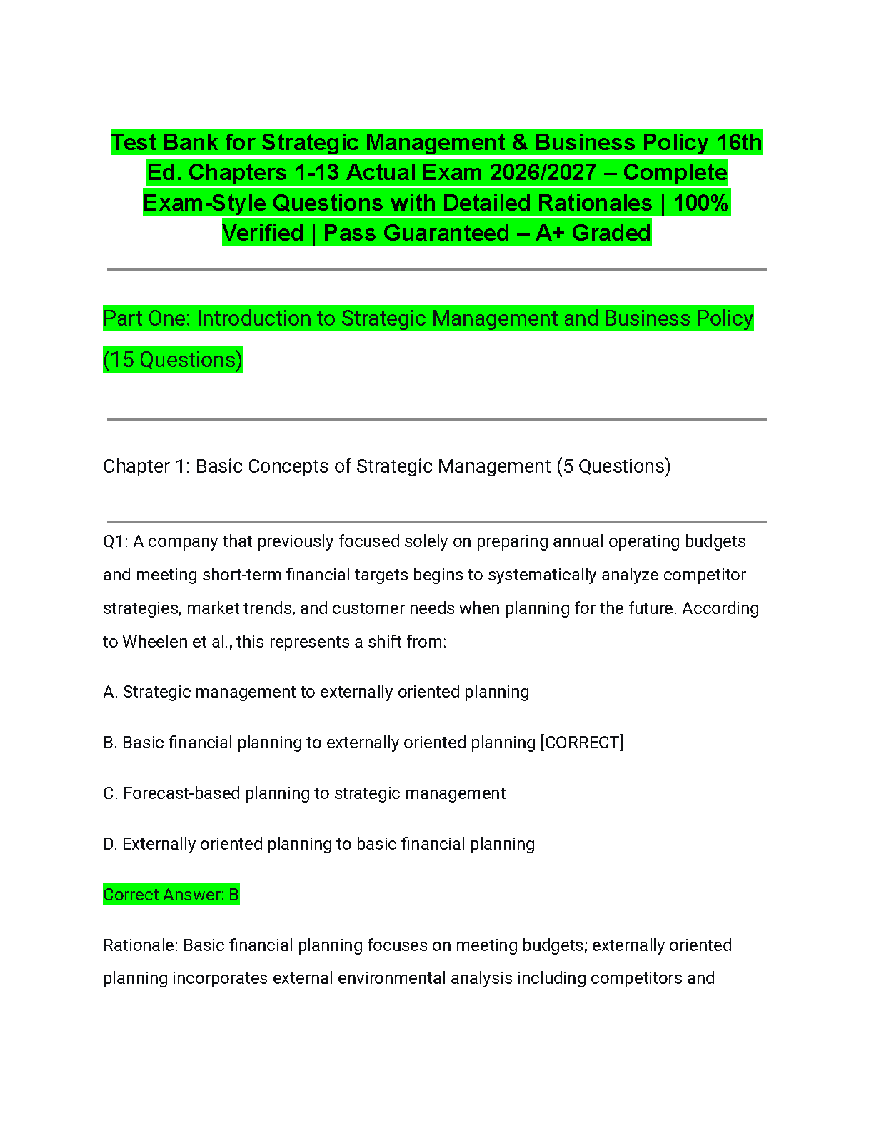 Strategic Mgmt Test Bank: Wheelen Hunger 2026
