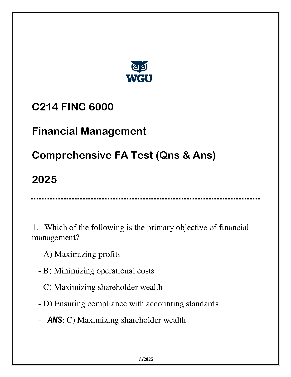 WGU C214 Financial Management Exam Q&A 2025