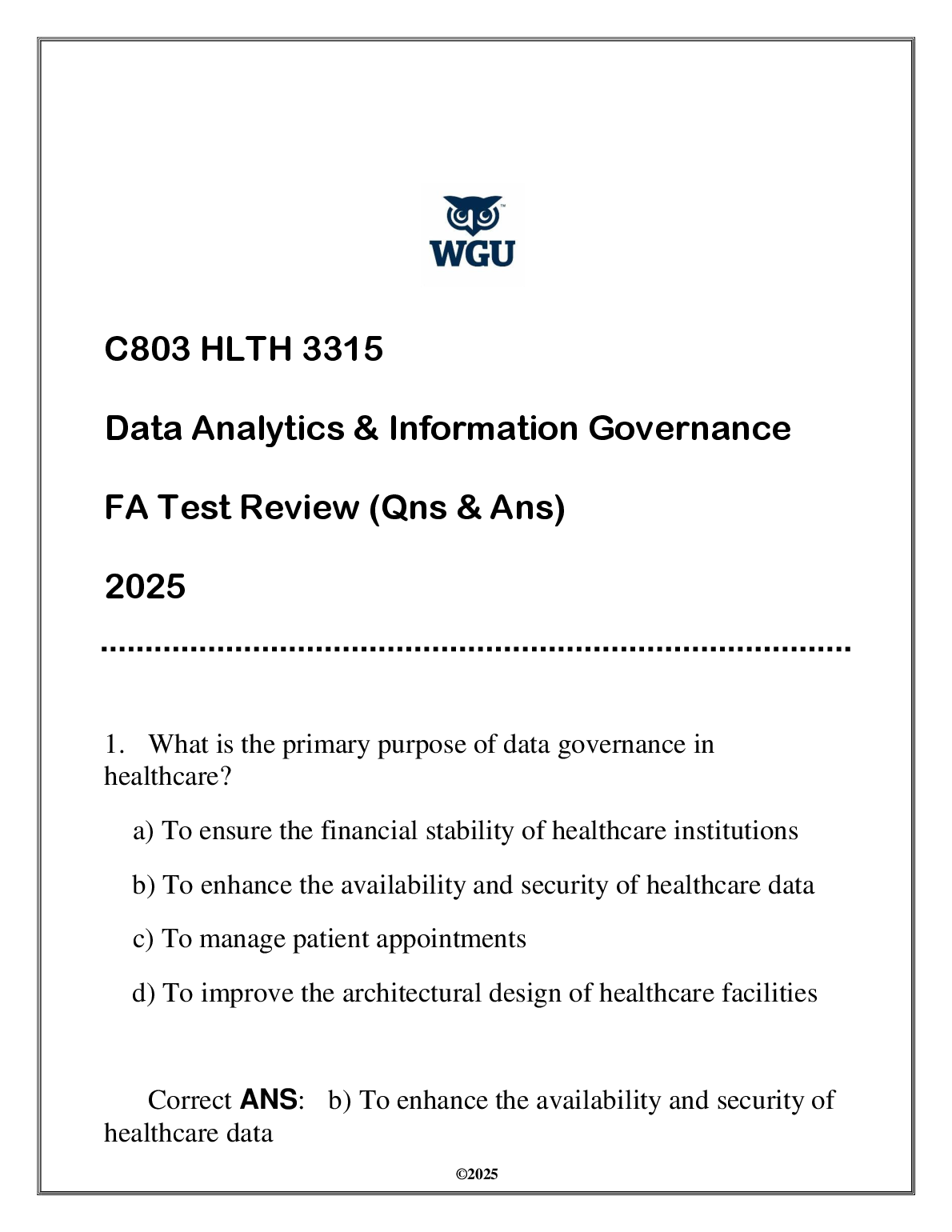 WGU C803 HLTH 3315 Test Bank: 2025 FA Review & Answers