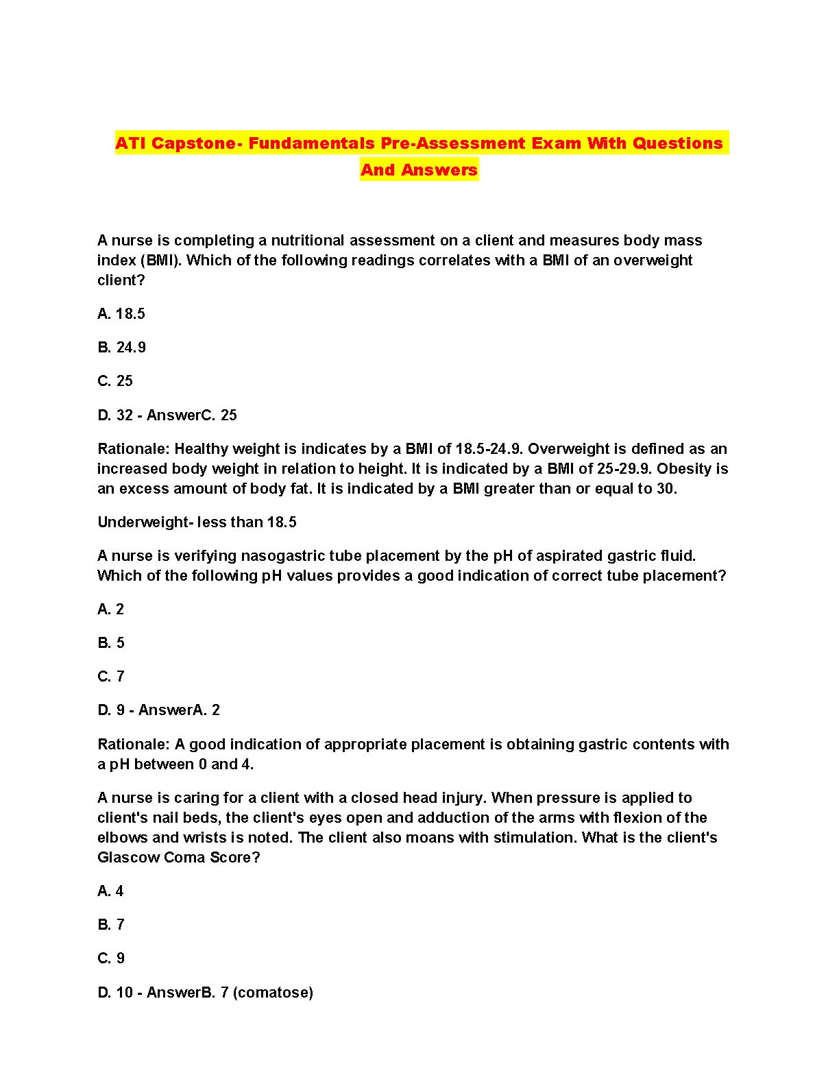 ATI Capstone Fundamentals Pre-Exam Q&A 2026/27 Guide