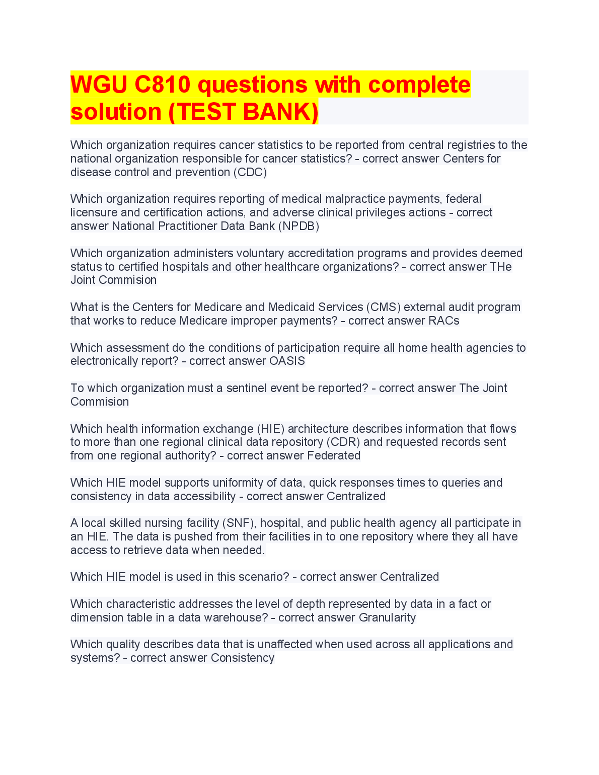 WGU C810 Test Bank: HIE, CMS & Quality Metrics Practice